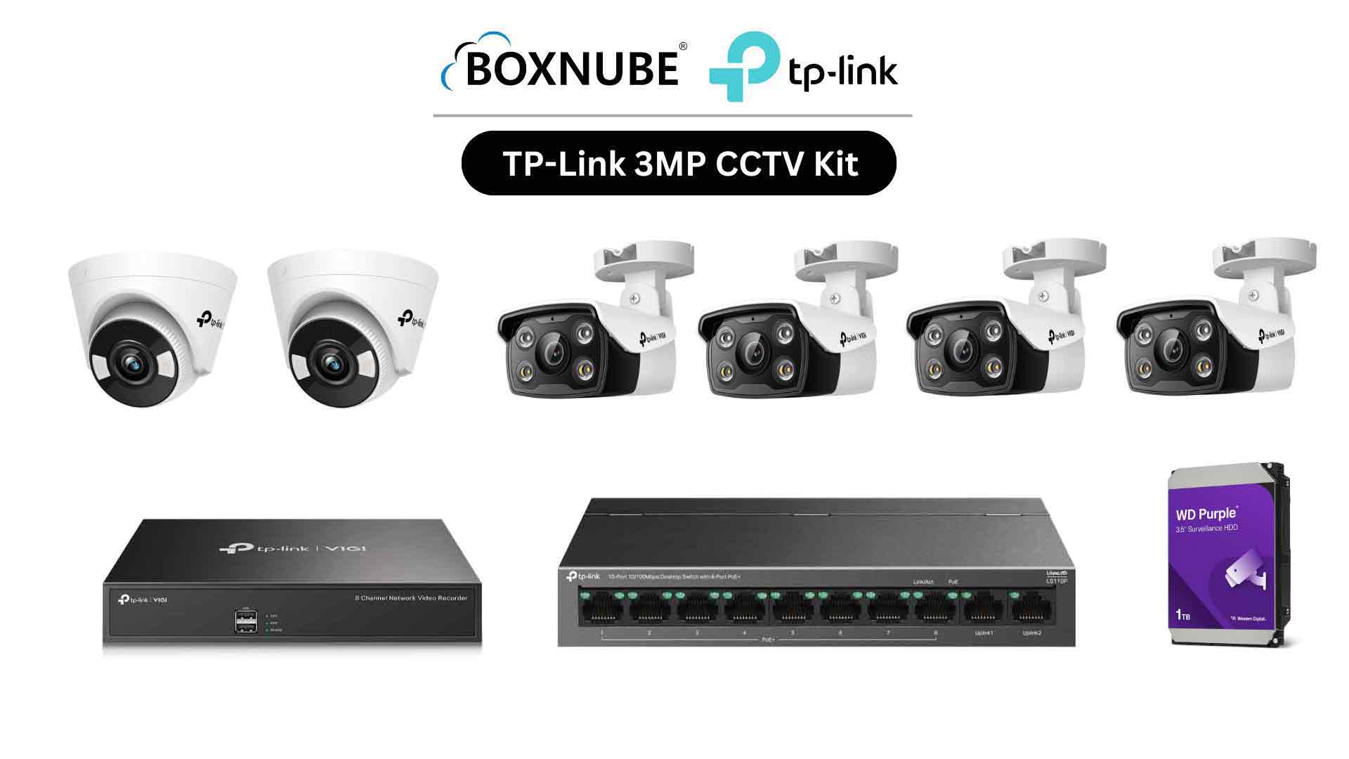 TP-Link VIGI 3MP Full HD 6 Camera Kit Bundle | 4 x VIGI C330, 2 x VIGI C430, 8 Channel NVR, 8 Port PoE Switch | Ideal for homes, shops & small offices