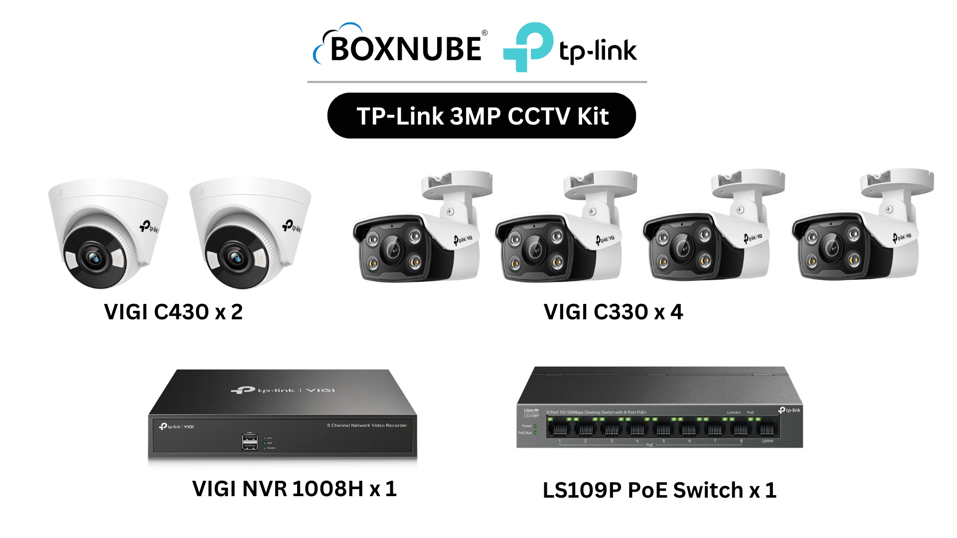 TP-Link VIGI 3MP Full HD 6 Camera Kit Bundle | 4 x VIGI C330, 2 x VIGI C430, 8 Channel NVR, 8 Port PoE Switch | Ideal for homes, shops & small offices