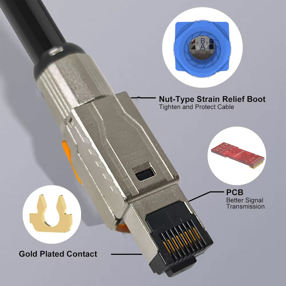 BOXNUBE CAT8 Field Termination RJ45 Connector Plug | Tool-Free Shielded Metal | 40Gbps High-Speed LAN Connector for Cat8/Cat7/Cat6A Cables