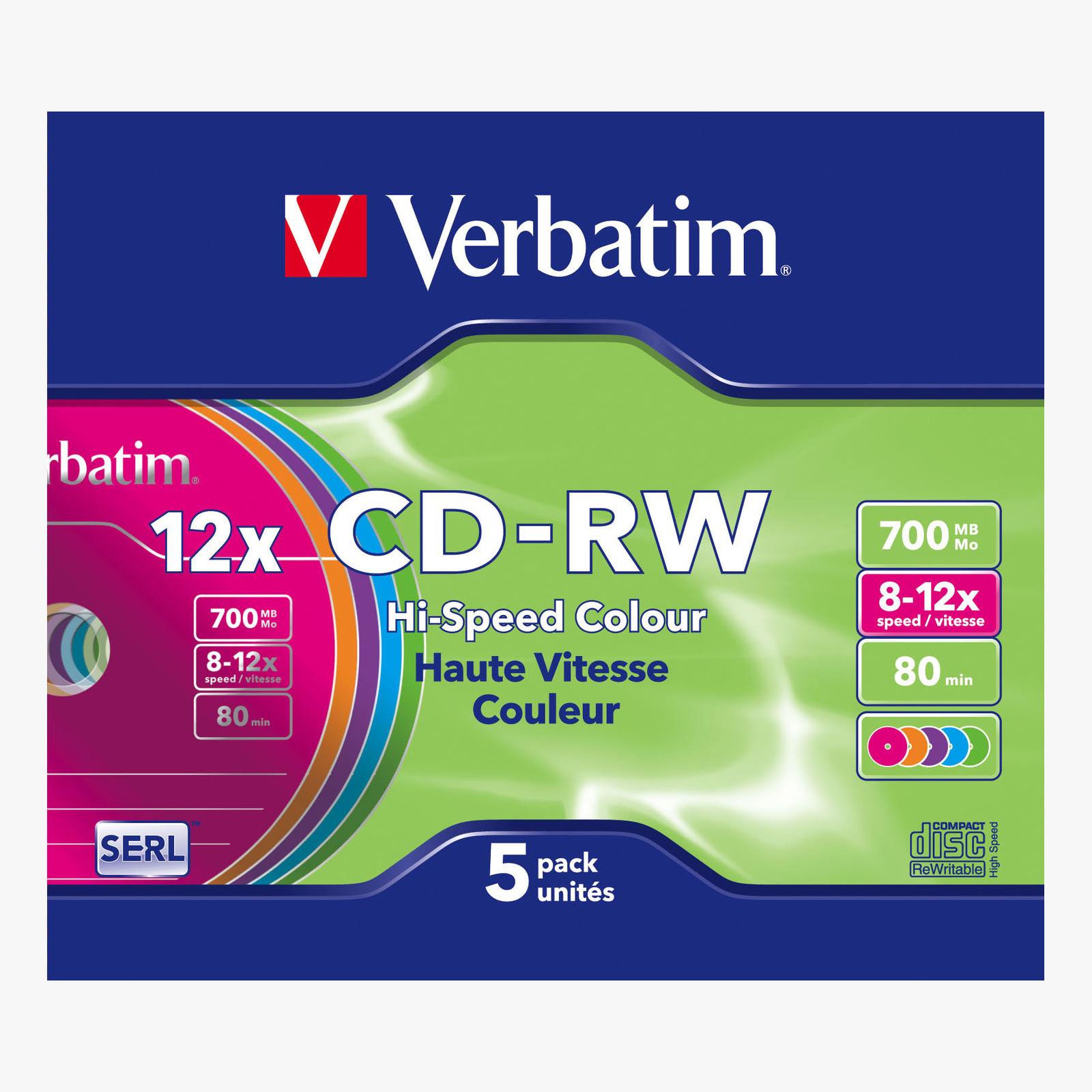 Verbatim CD-RW 700MB Compact Rewritable Disc 43167 Colorful Surface | Slim Case | Pack of 5