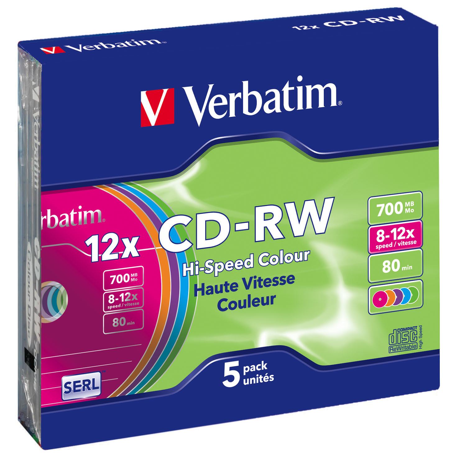 Verbatim CD-RW 700MB Compact Rewritable Disc 43167 Colorful Surface | Slim Case | Pack of 5