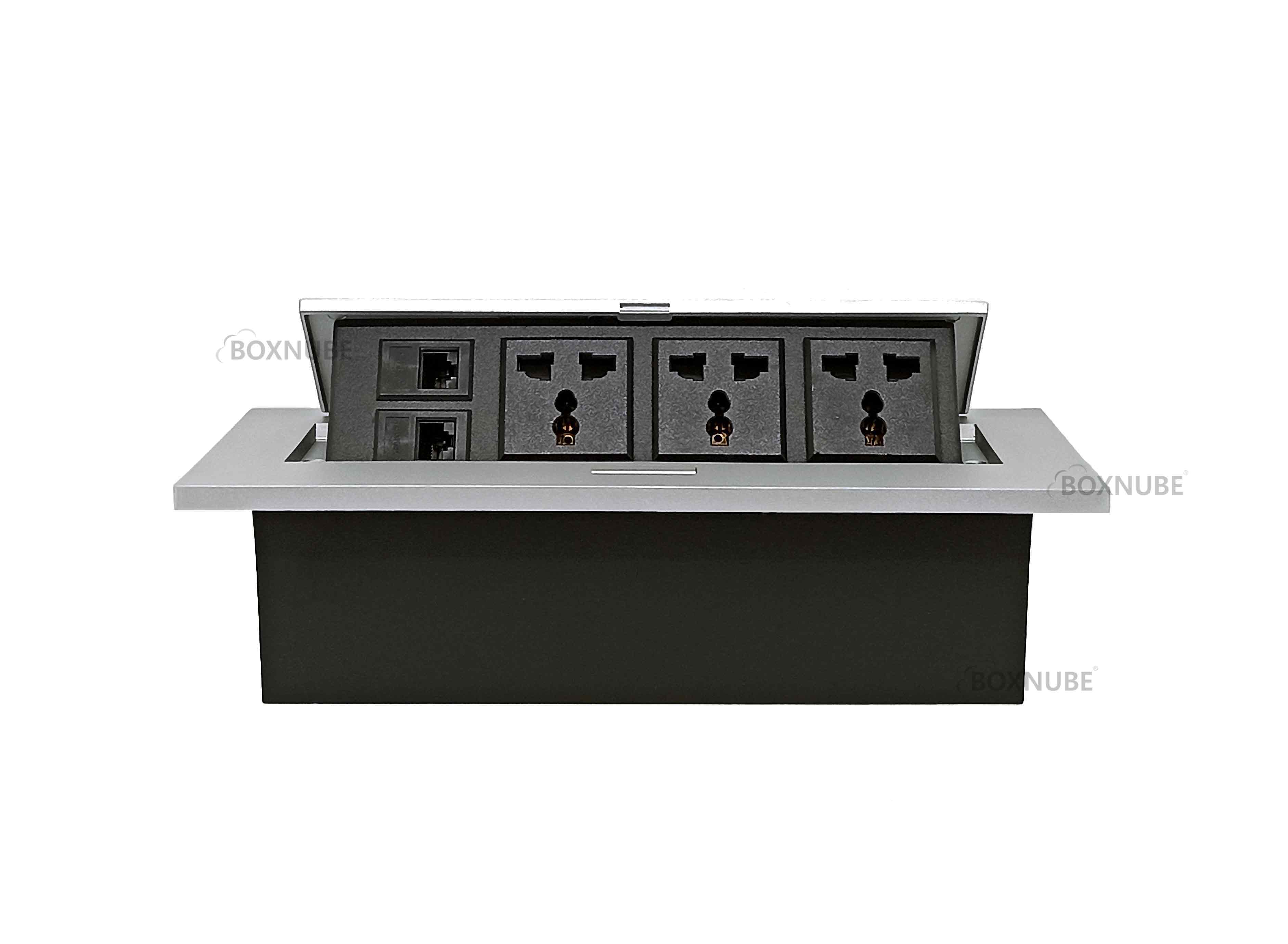 BOXNUBE Hydraulic Pop UP Box Cable Cubby Extension Board with 3 x Universal Power Sockets & 2 x CAT6 LAN Ports (Silver)