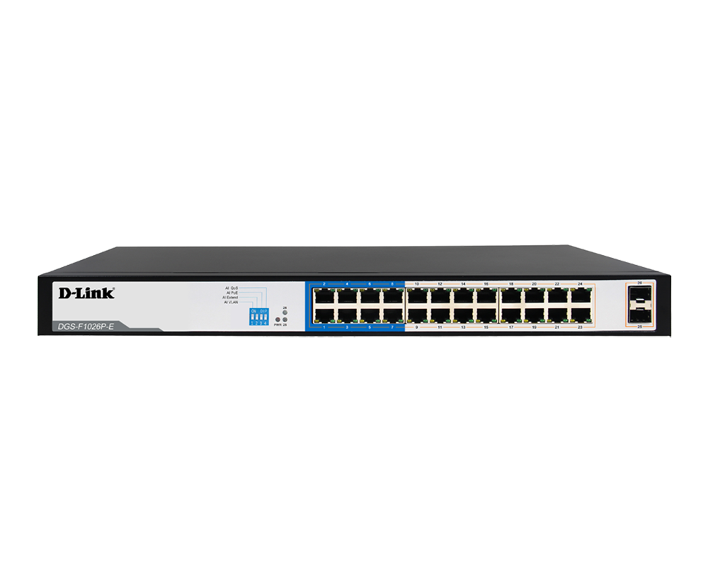 D-Link DGS-F1026P-E 24 Port POE Unmanaged Gigabit Switch with 2 SFP Ports | 250W, 52 Gbps Switching Capacity