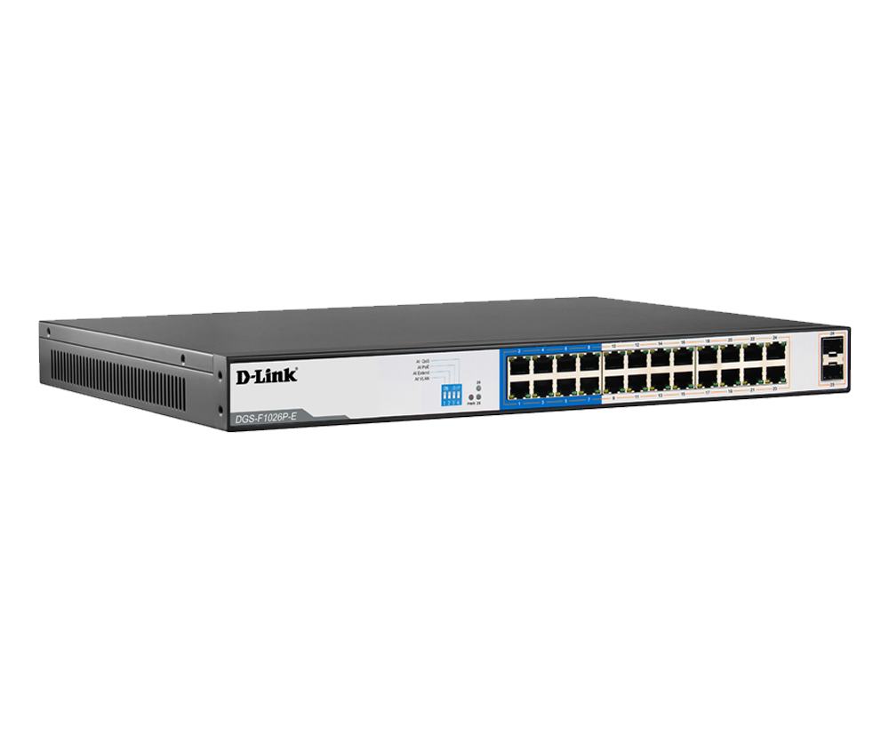 D-Link DGS-F1026P-E 24 Port POE Unmanaged Gigabit Switch with 2 SFP Ports | 250W, 52 Gbps Switching Capacity