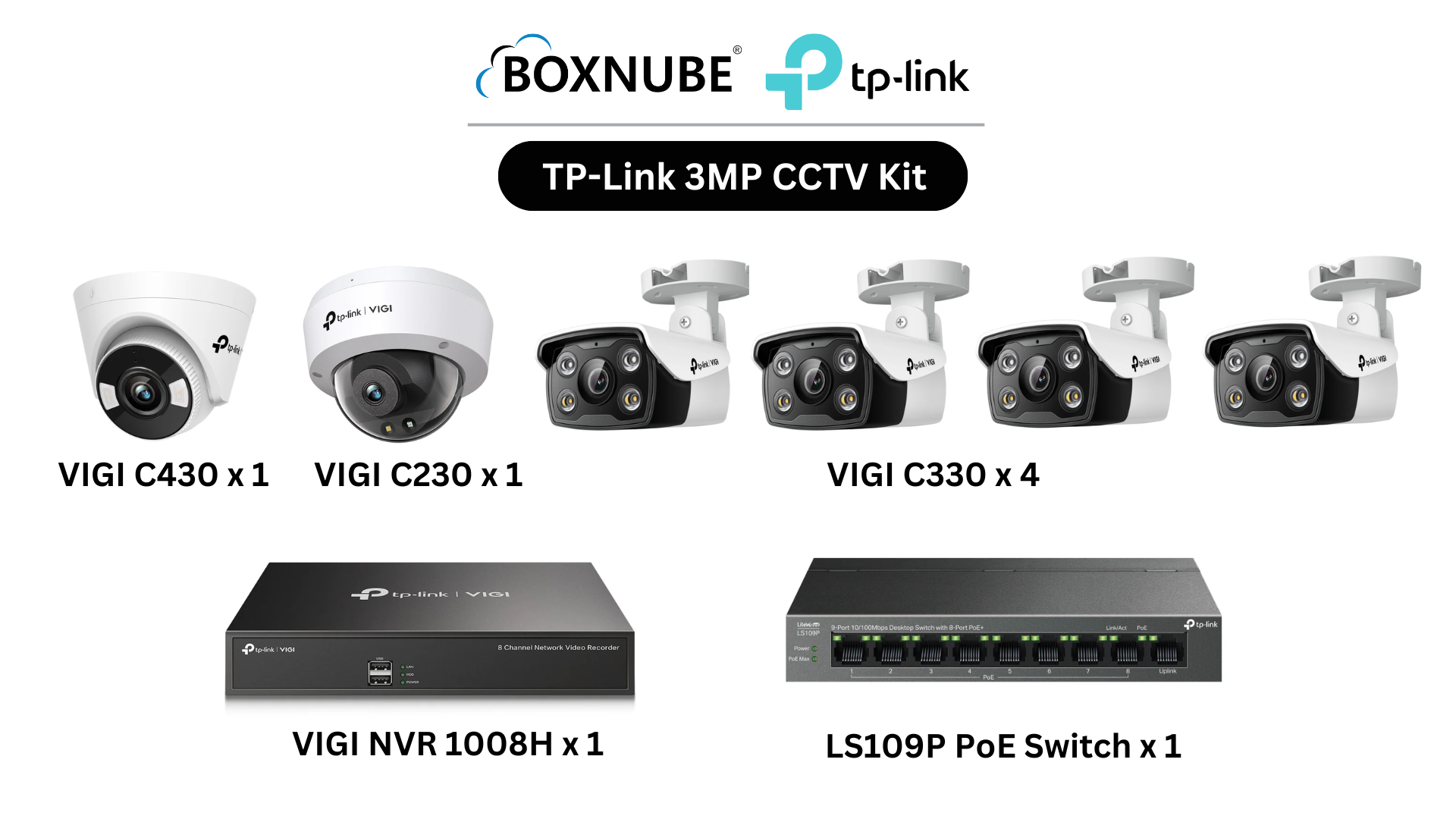 TP-Link VIGI 3MP Full HD 6 Camera Kit Bundle | 4 x VIGI C330 Bullet, 1 x VIGI C430 Turret, 1 x VIGI C230 Dome, 8 Channel NVR, 8 Port PoE Switch