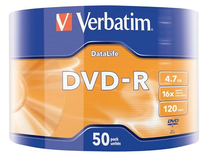 Verbatim DVD-R 4.7GB Recordable Blank DVD Shrink Wrap 16x Speed (Pack of 50) Part No. 43791
