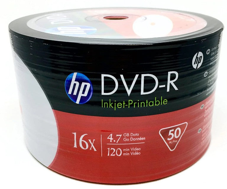 HP DVD-R 4.7GB InkJet Printable Recordable Blank DVD Shrink Wrap 16x Speed | 4.7 GB, IJP, White Surface, DMA00070-WIP (Pack of 50)