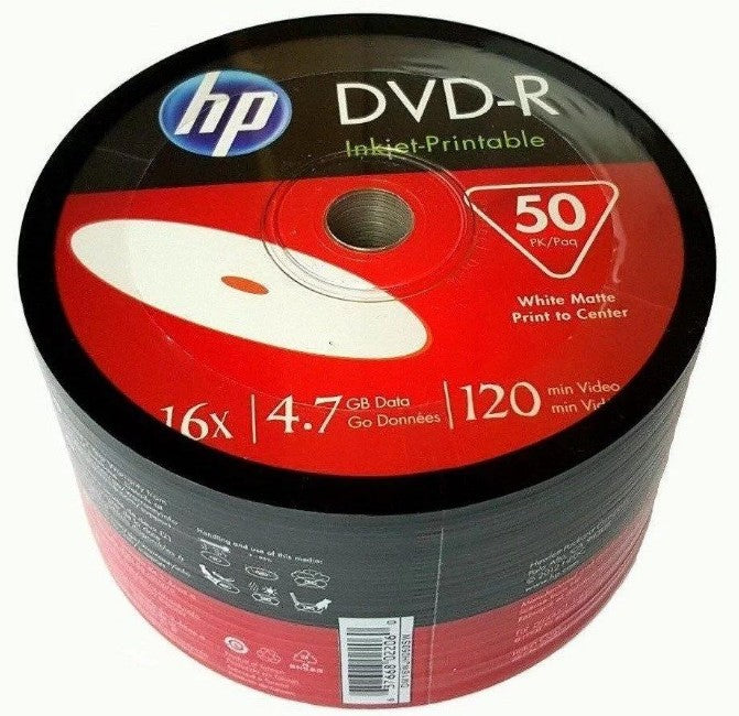 HP DVD-R 4.7GB InkJet Printable Recordable Blank DVD Shrink Wrap 16x Speed | 4.7 GB, IJP, White Surface, DMA00070-WIP (Pack of 50)