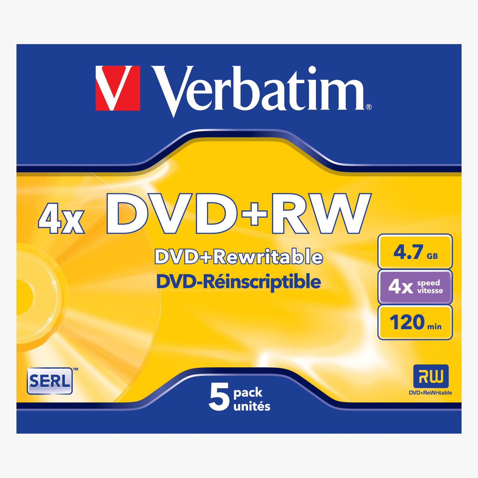 Verbatim 4.7GB DVD+RW 4x Speed Blank DVD RW Disc in Jewel Case 43229 (Pack of 5)