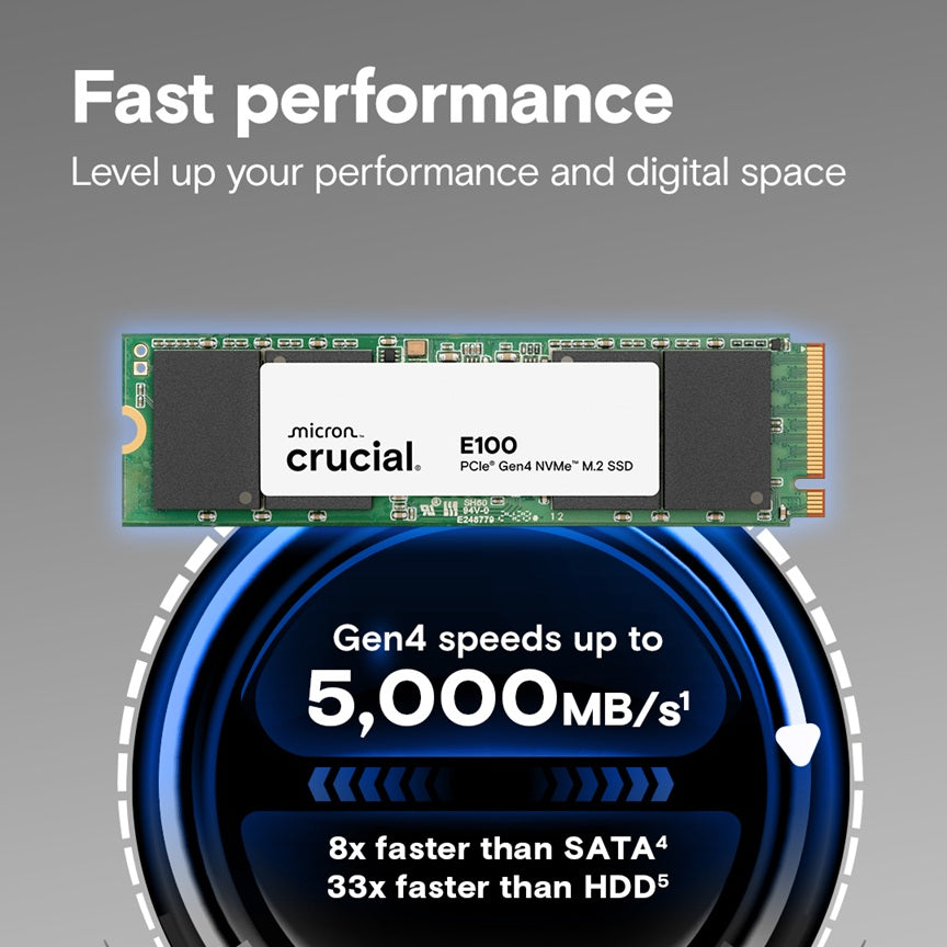 Crucial E100 480GB M.2 NVMe PCIe Gen4 Internal SSD, Up to 4,700MB/s, Laptop & Desktop Compatible - CT480E100SSD8