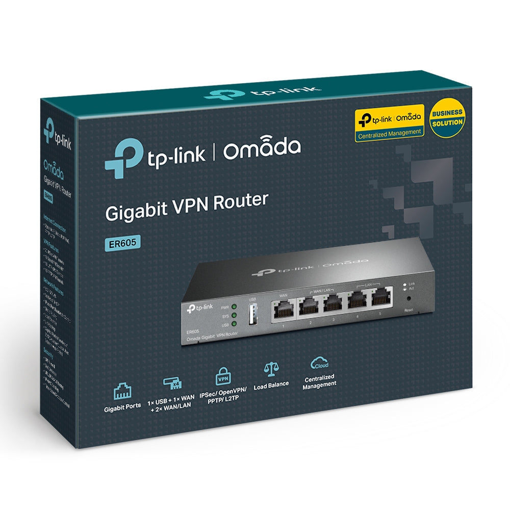 TP-Link ER605 Omada Gigabit VPN Router | 5 x Gigabit Ports | 1 x Gigabit WAN, 2 x Gigabit WAN/LAN, 1 x USB WAN Port for Mobile Broadband