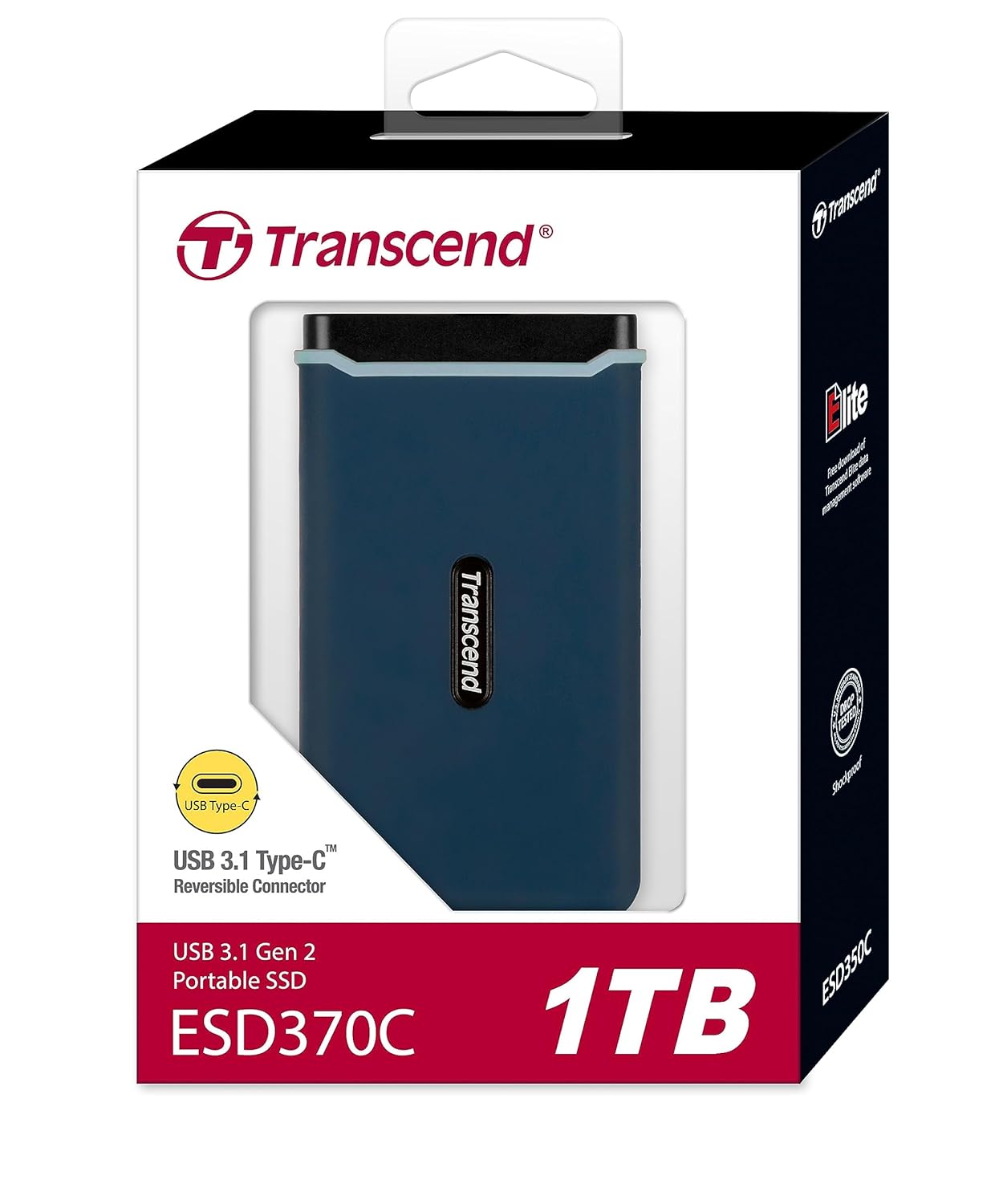 Transcend 370C Shock Resistant USB Type C USB 3.1 Gen 2 Portable SSD | Up to 1,050MB/s | Fast Transfers | 250GB/500GB/1TB