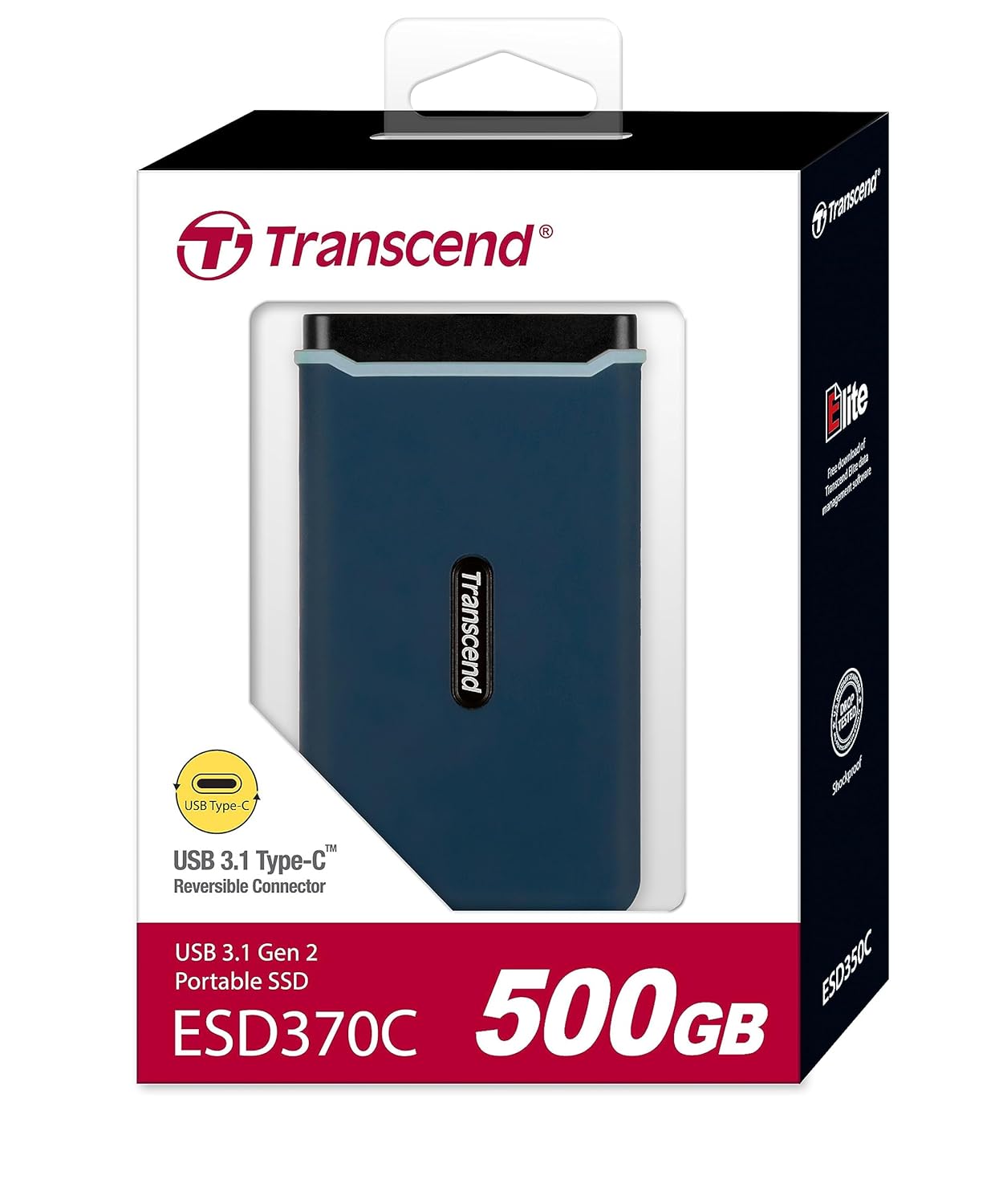 Transcend 370C Shock Resistant USB Type C USB 3.1 Gen 2 Portable SSD | Up to 1,050MB/s | Fast Transfers | 250GB/500GB/1TB