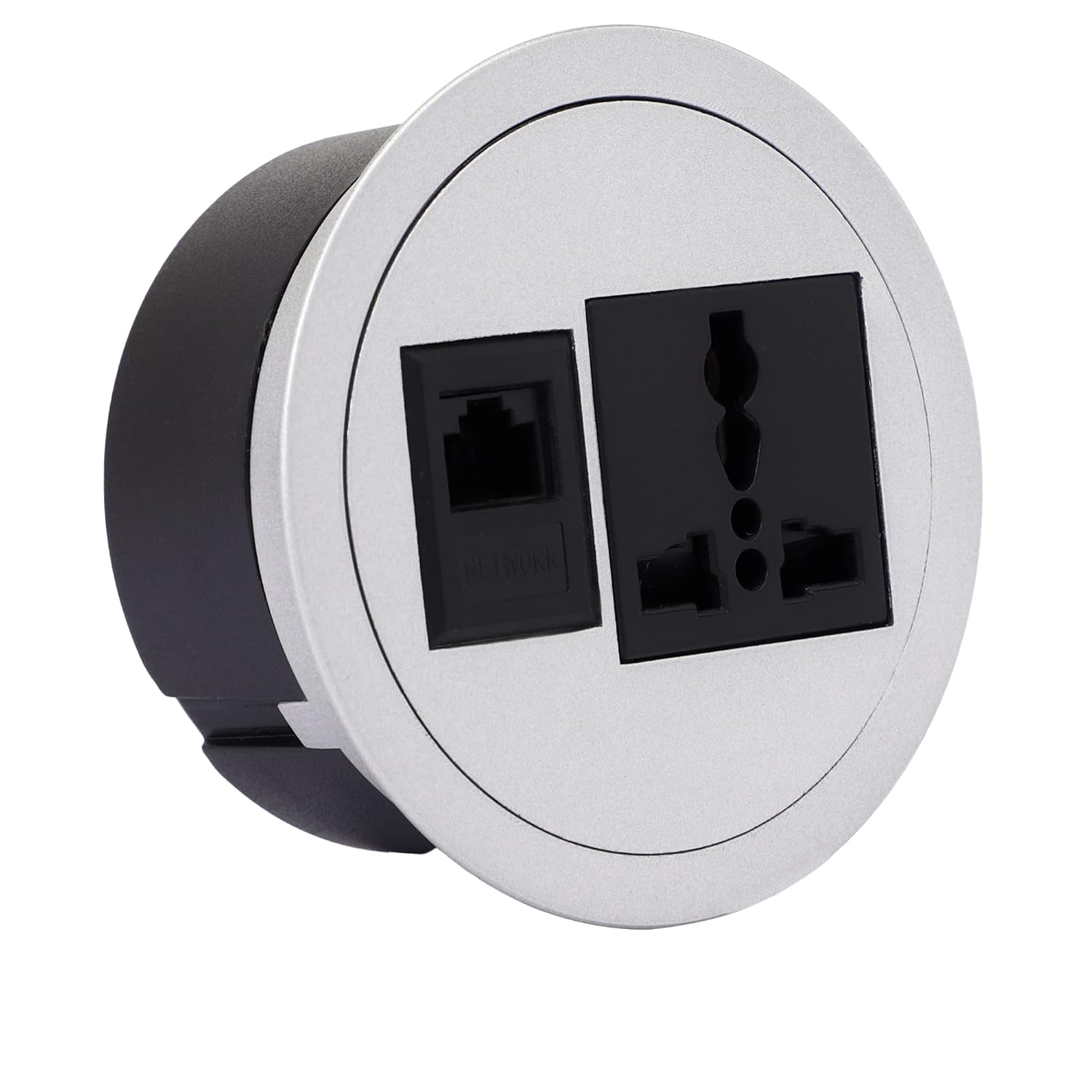 BOXNUBE Power Grommet Socket with LAN Port for Desktop, Workstation, Computer, Desk/Table, Kitchen, Office, Home and More (Silver)