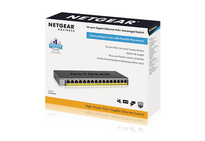 NETGEAR Gigabit Unmanaged Switch (GS116PP) 16-Port Gigabit Ethernet High-Power Unmanaged PoE+ Switch