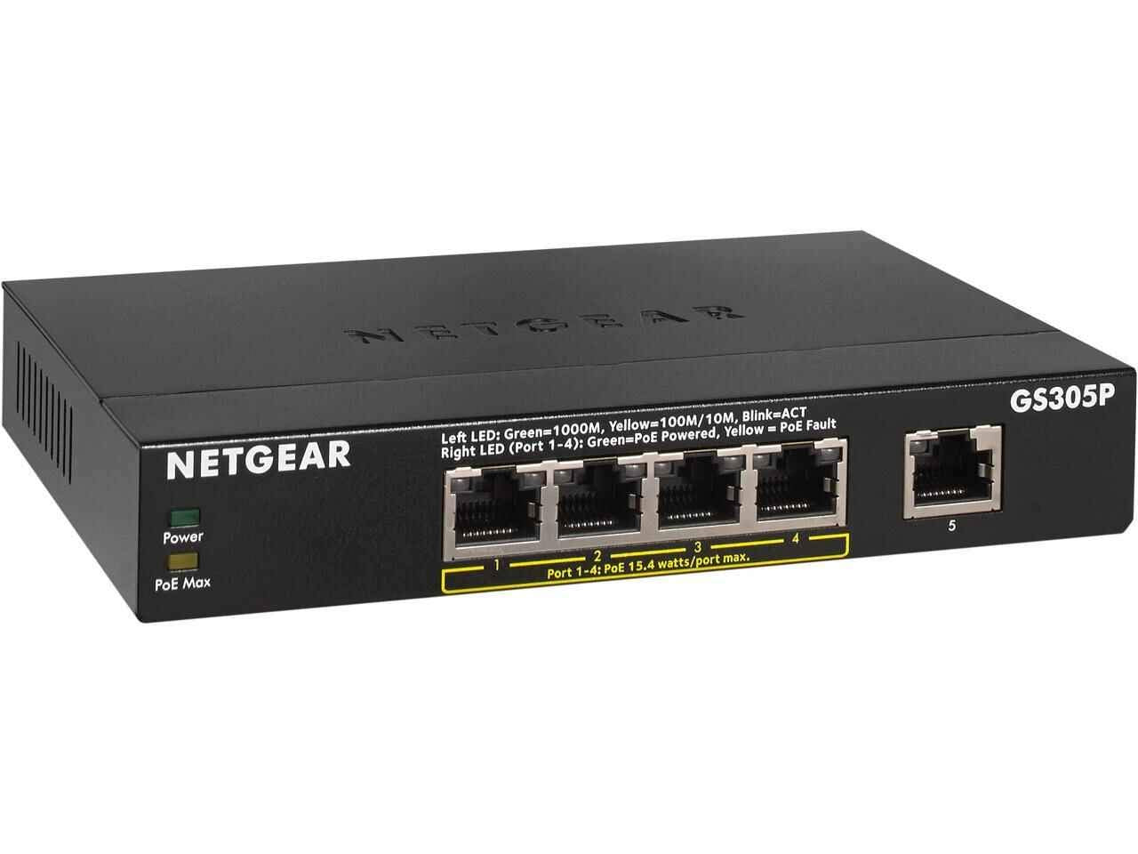 Netgear GS305P 5-Port Gigabit Ethernet Unmanaged PoE+ Essentials Switch | 4 PoE+, 1 Gigabit Uplink Port, 63W PoE Budget