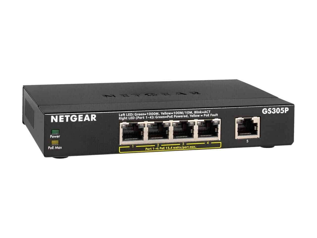 Netgear GS305P 5-Port Gigabit Ethernet Unmanaged PoE+ Essentials Switch | 4 PoE+, 1 Gigabit Uplink Port, 63W PoE Budget