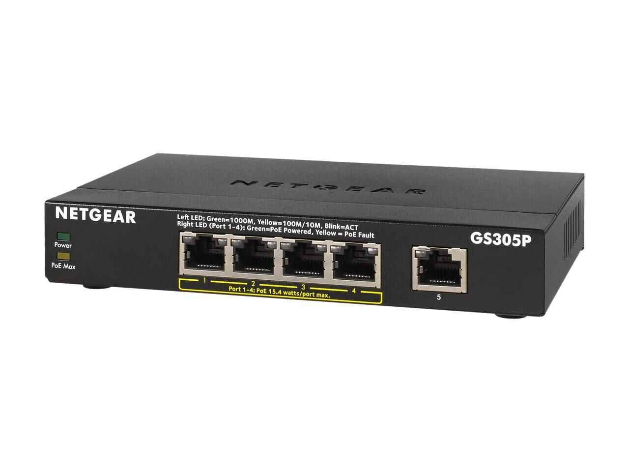 Netgear GS305P 5-Port Gigabit Ethernet Unmanaged PoE+ Essentials Switch | 4 PoE+, 1 Gigabit Uplink Port, 63W PoE Budget