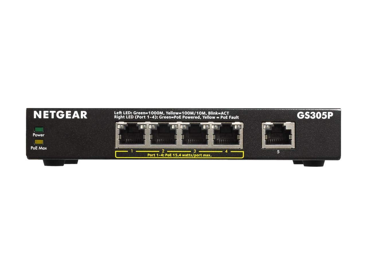 Netgear GS305P 5-Port Gigabit Ethernet Unmanaged PoE+ Essentials Switch | 4 PoE+, 1 Gigabit Uplink Port, 63W PoE Budget