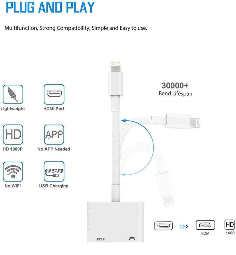 BOXNUBE Lightning to HDMI Adapter for iPhone & iPad, 1080P HD Digital AV Converter with Charging Port, Screen Mirroring Cable for TV, Projector