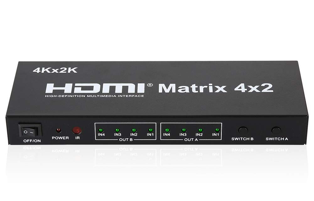 BOXNUBE HDMI 4x2 Matrix + Audio Extractor HDMI Switch Splitter Converter Switcher with Remote Control 4 in 2 Out 3D 1080p