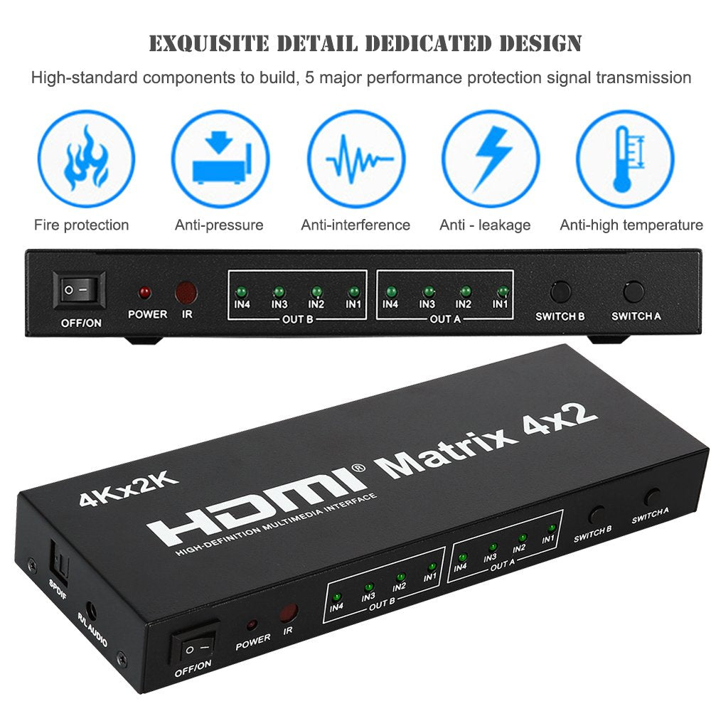 BOXNUBE HDMI 4x2 Matrix + Audio Extractor HDMI Switch Splitter Converter Switcher with Remote Control 4 in 2 Out 3D 1080p