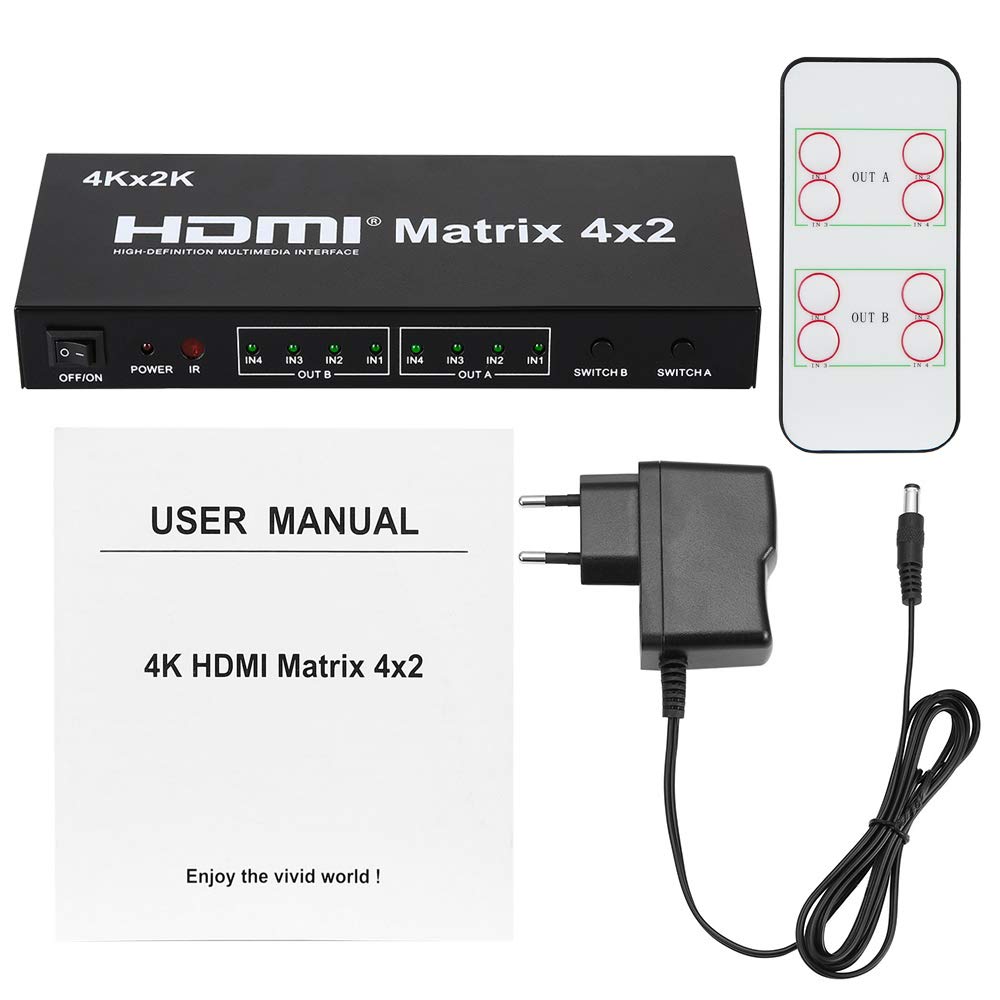 BOXNUBE HDMI 4x2 Matrix + Audio Extractor HDMI Switch Splitter Converter Switcher with Remote Control 4 in 2 Out 3D 1080p