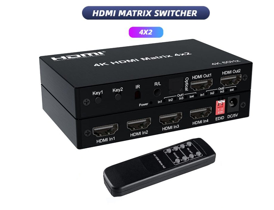 BOXNUBE HDMI 4x2 Matrix + Audio Extractor HDMI Switch Splitter Converter Switcher with Remote Control 4 in 2 Out 3D 1080p