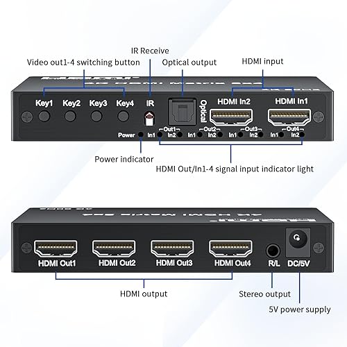 BOXNUBE HDMI 4x2 Matrix + Audio Extractor HDMI Switch Splitter Converter Switcher with Remote Control 4 in 2 Out 3D 1080p