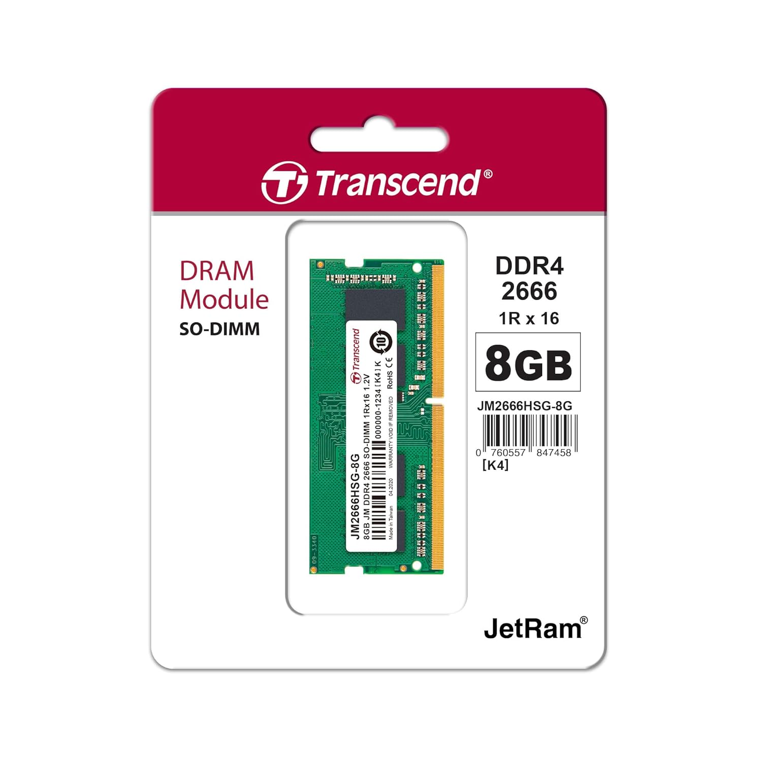 Transcend JetRam Memory 8GB DDR4 2666MHz SO-DIMM Laptop RAM | 1Rx16, 1Gx16, CL19, 1.2V