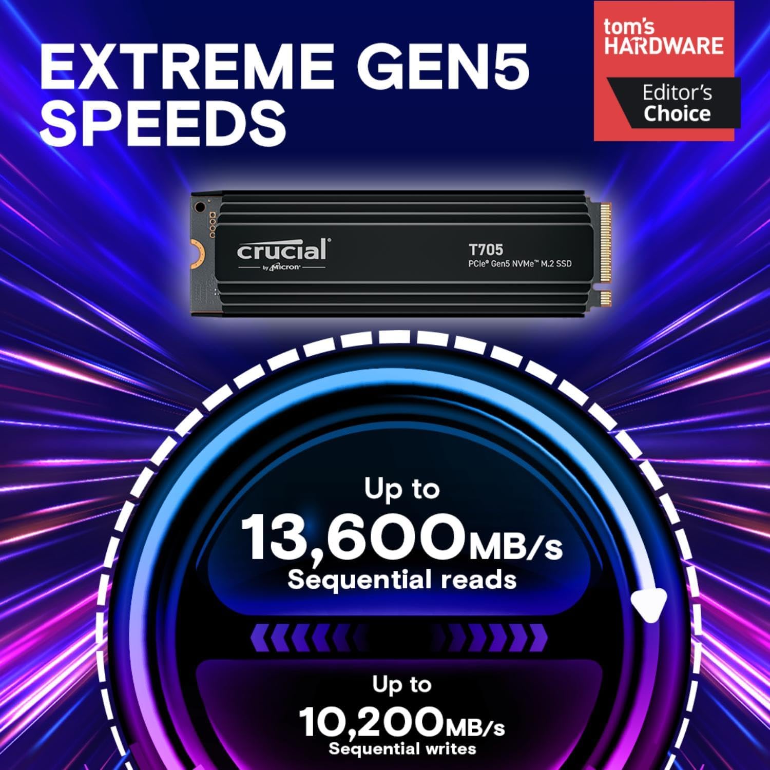 Crucial T705 PCIE GEN5 NVME M.2 SSD HEATSINK Up to 13,600 MB/s - Game Ready - Internal Solid State Drive