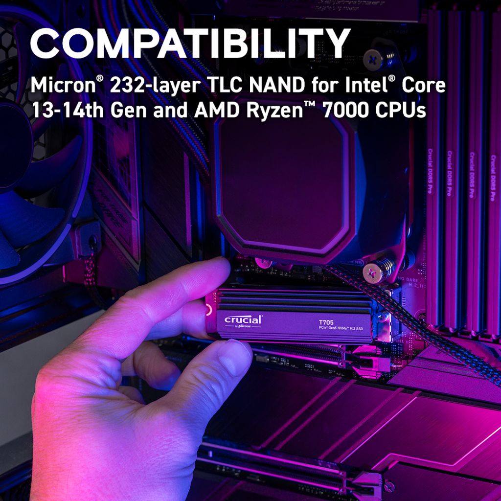 Crucial T705 PCIE GEN5 NVME M.2 SSD HEATSINK Up to 13,600 MB/s - Game Ready - Internal Solid State Drive