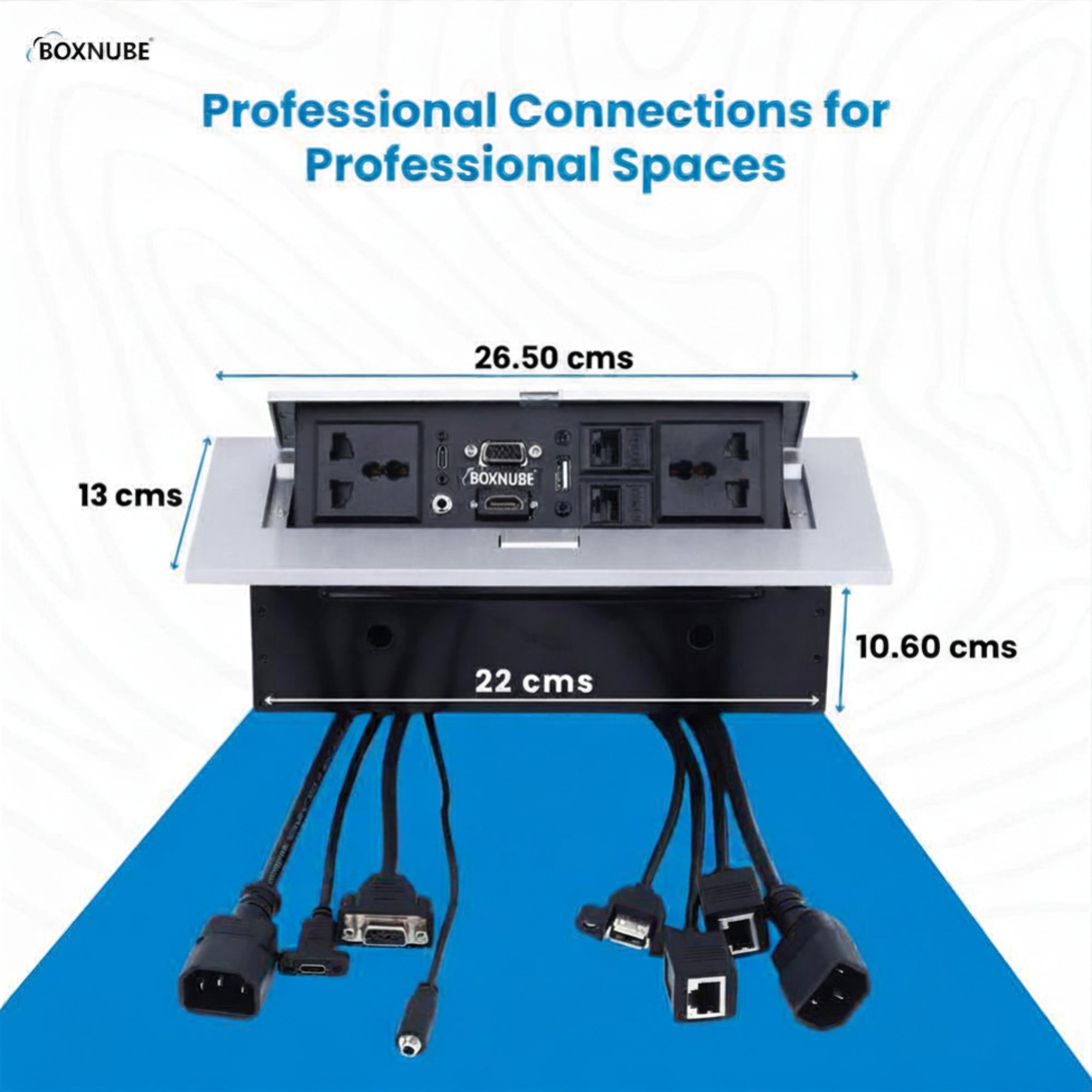 BOXNUBE Hydraulic Pop Up Box Cable Cubby with HDMI, VGA, Audio, LAN, USB A, USB Type C & Power Ports