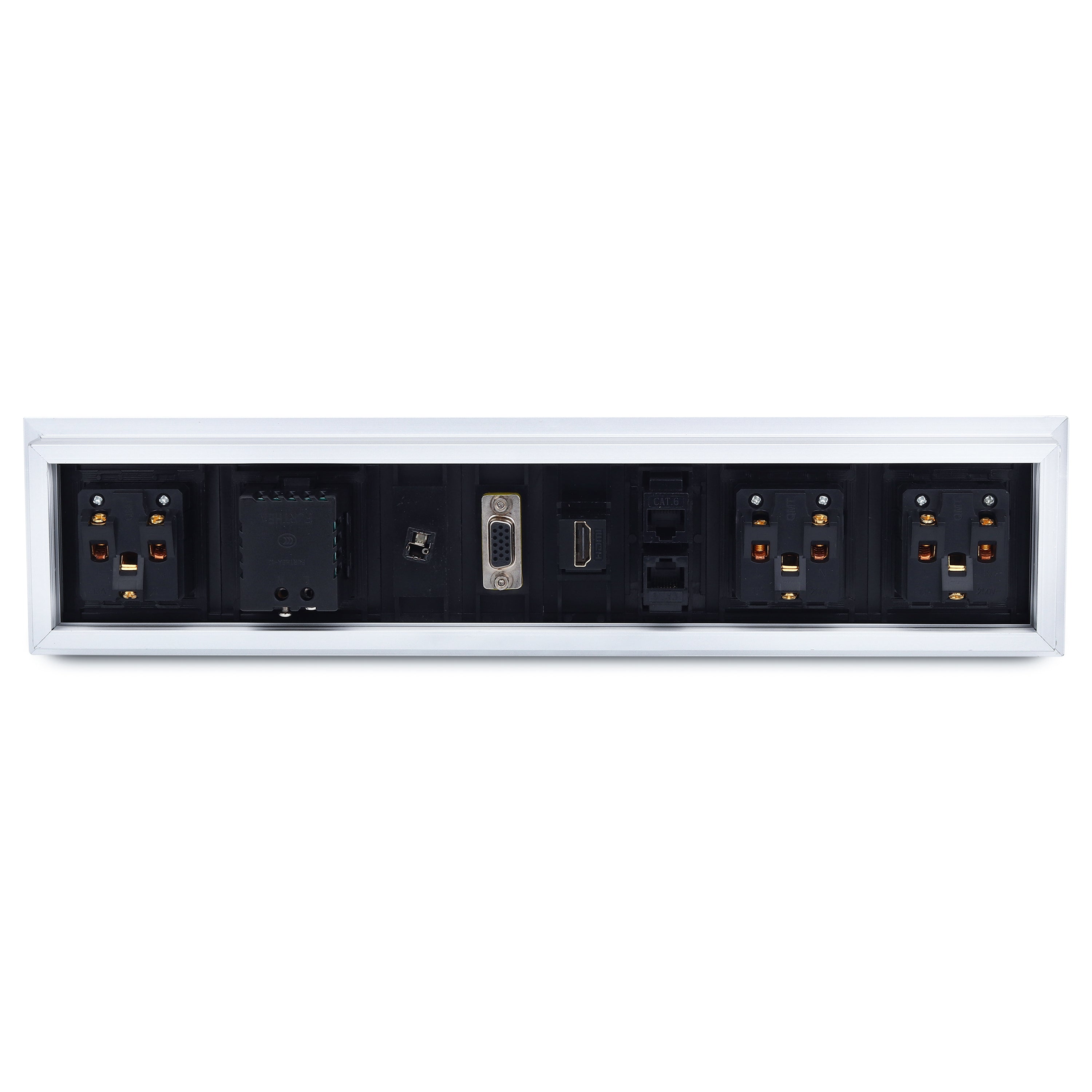 BOXNUBE Fliptop Box Cable Cubby Extension Board with Universal Power Sockets, LAN, HDMI, VGA, Aux, USB-A & USB-C Type C Ports (Silver)