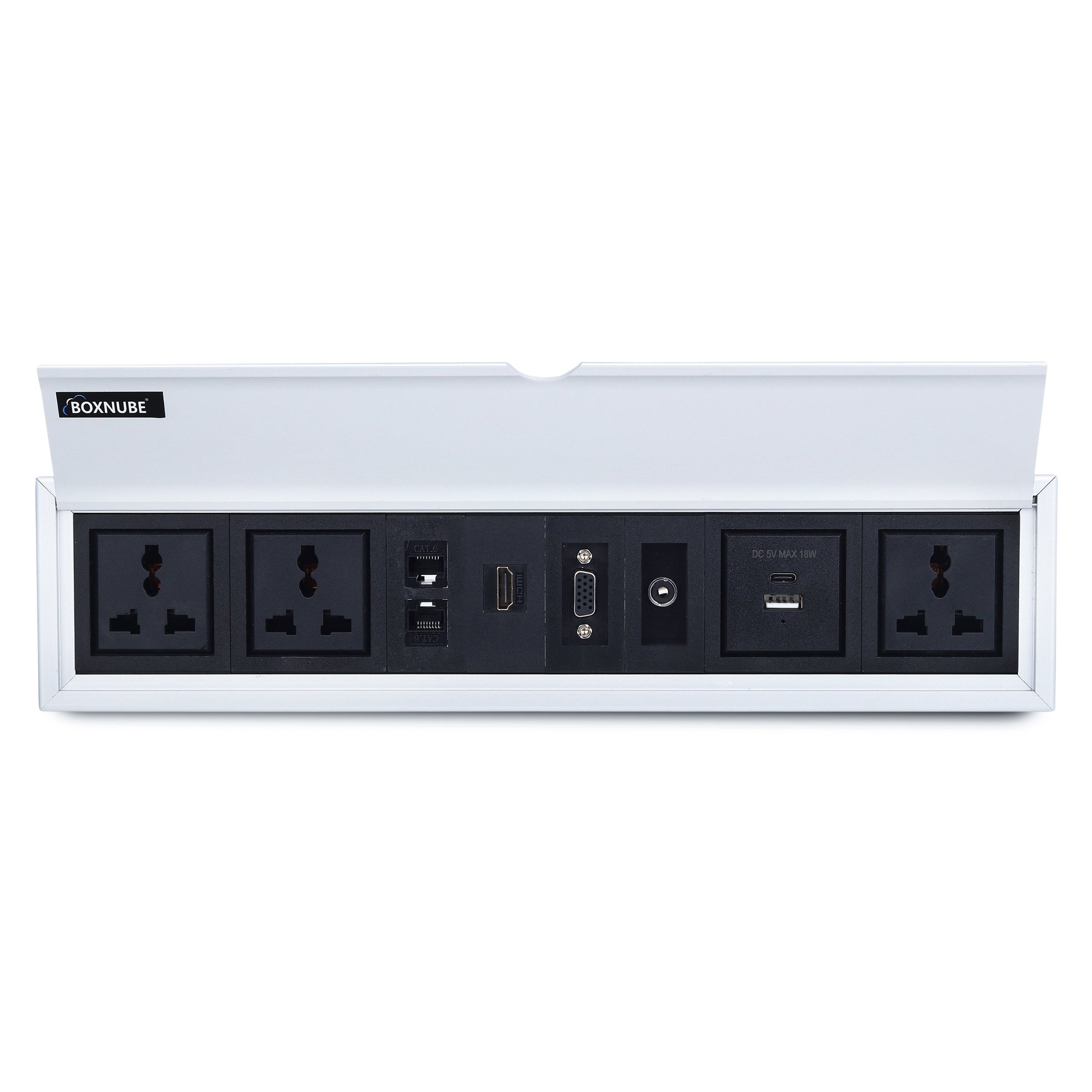 BOXNUBE Fliptop Box Cable Cubby Extension Board with Universal Power Sockets, LAN, HDMI, VGA, Aux, USB-A & USB-C Type C Ports (Silver)