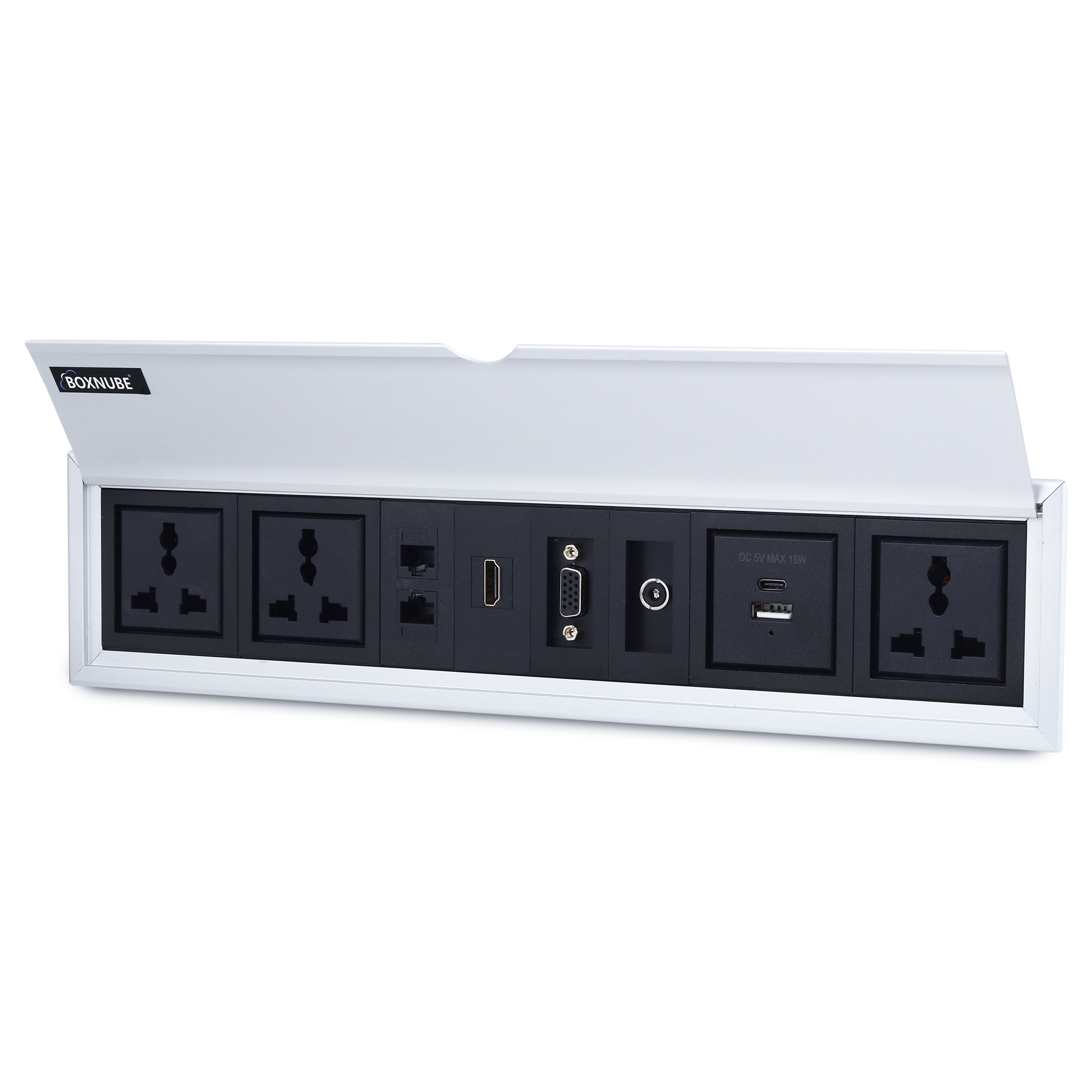 BOXNUBE Fliptop Box Cable Cubby Extension Board with Universal Power Sockets, LAN, HDMI, VGA, Aux, USB-A & USB-C Type C Ports (Silver)