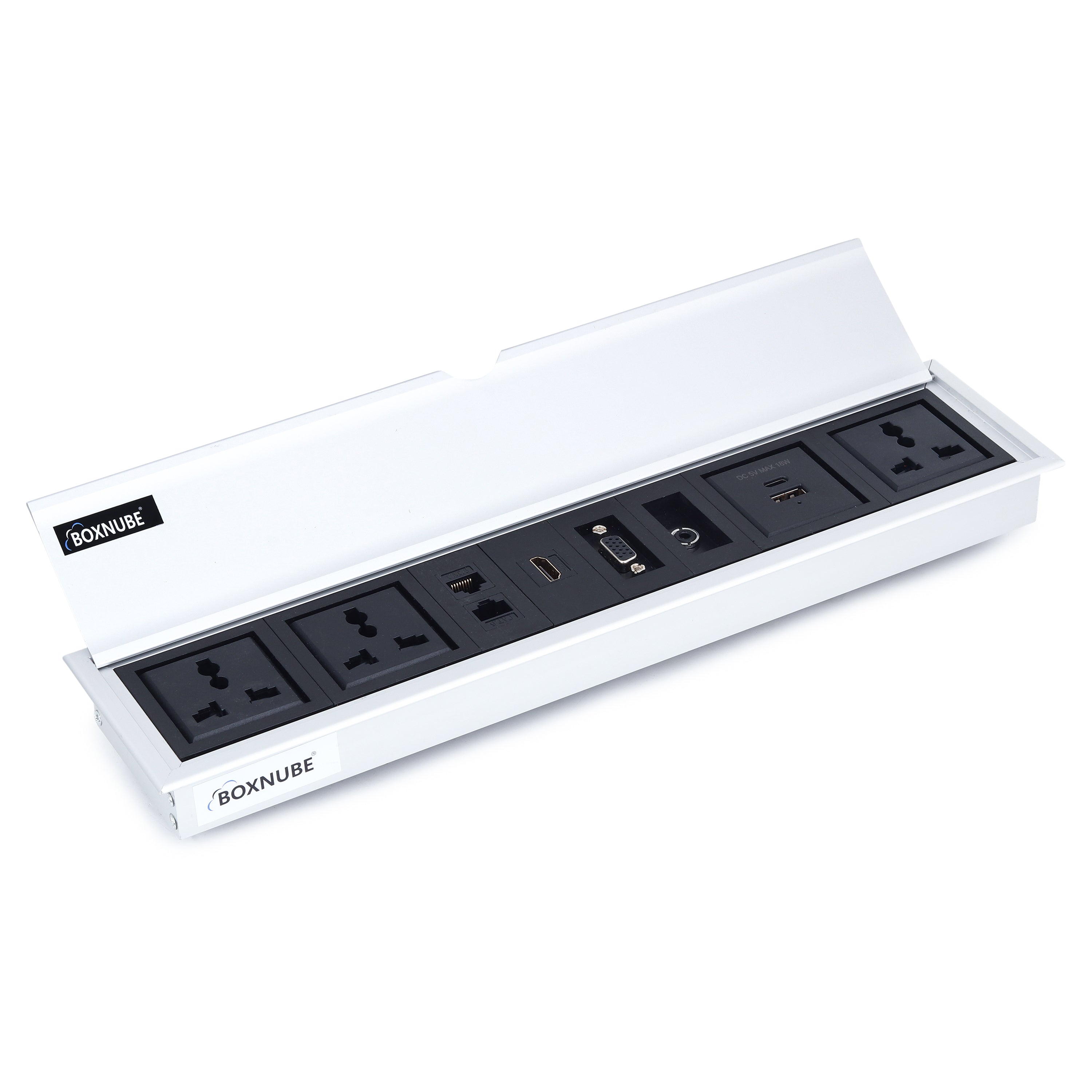 BOXNUBE Fliptop Box Cable Cubby Extension Board with Universal Power Sockets, LAN, HDMI, VGA, Aux, USB-A & USB-C Type C Ports (Silver)
