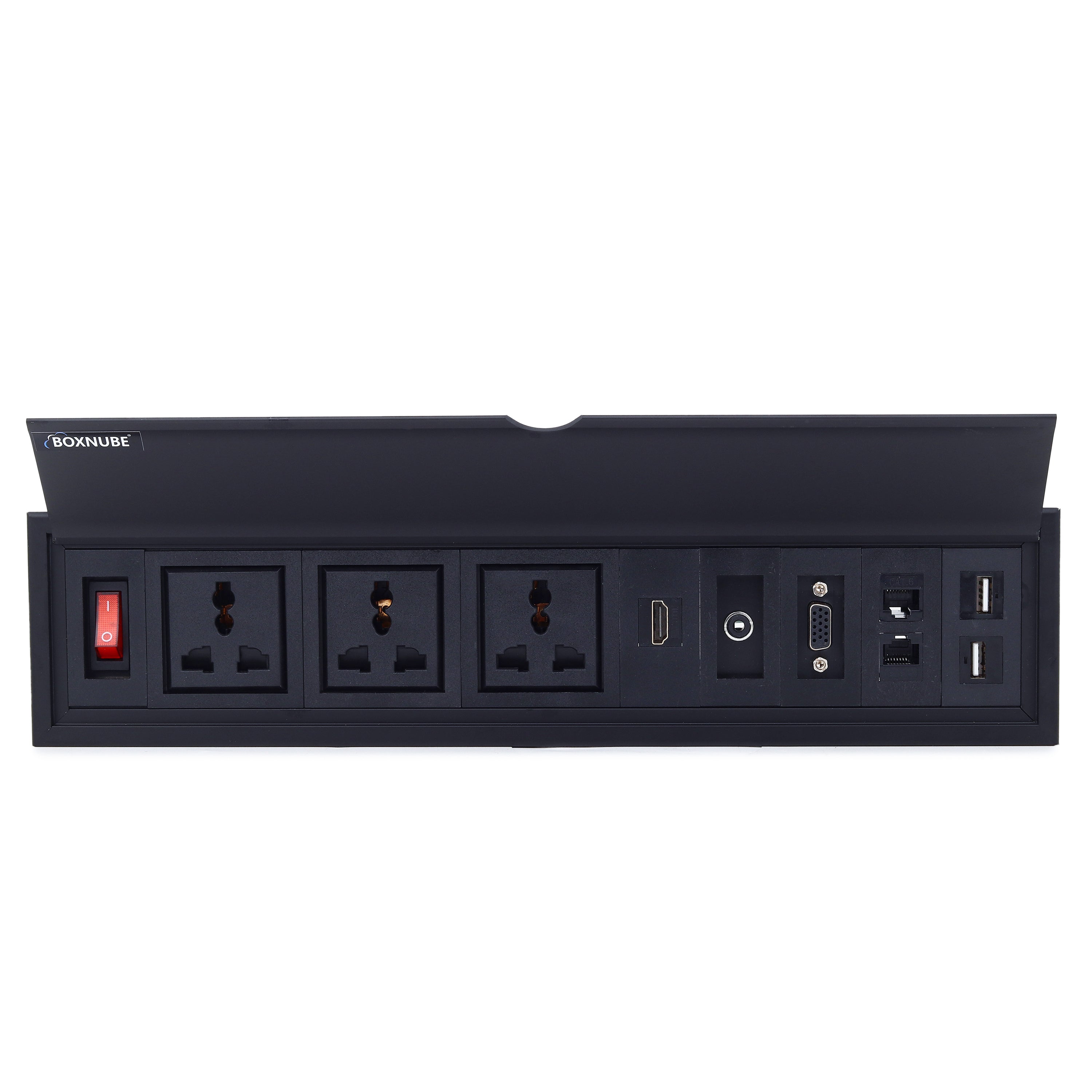 BOXNUBE Fliptop Box Cable Cubby Extension Board with On/Off Switch, Universal Power Sockets, LAN , HDMI , VGA , Aux , USB-A Ports