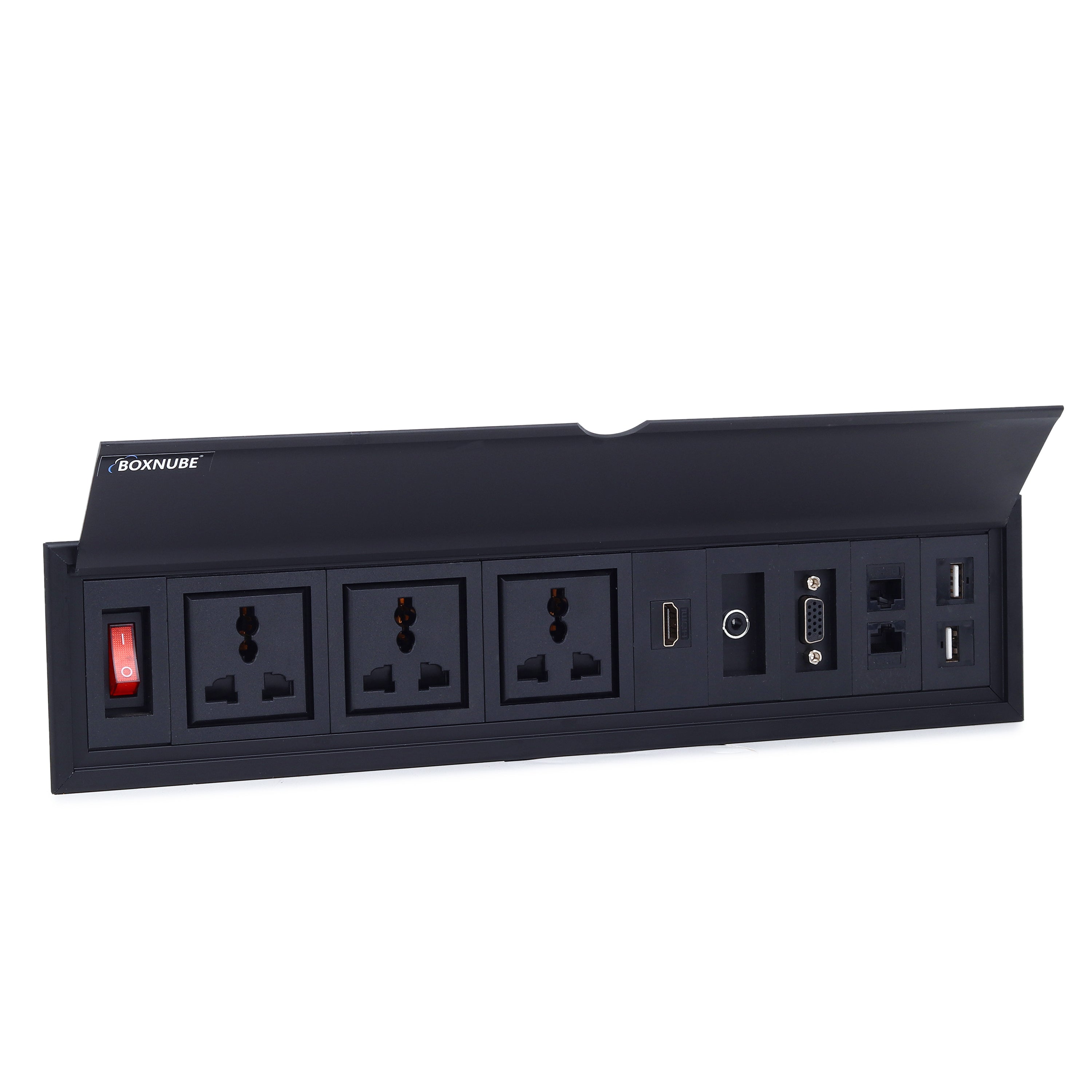 BOXNUBE Fliptop Box Cable Cubby Extension Board with On/Off Switch, Universal Power Sockets, LAN , HDMI , VGA , Aux , USB-A Ports
