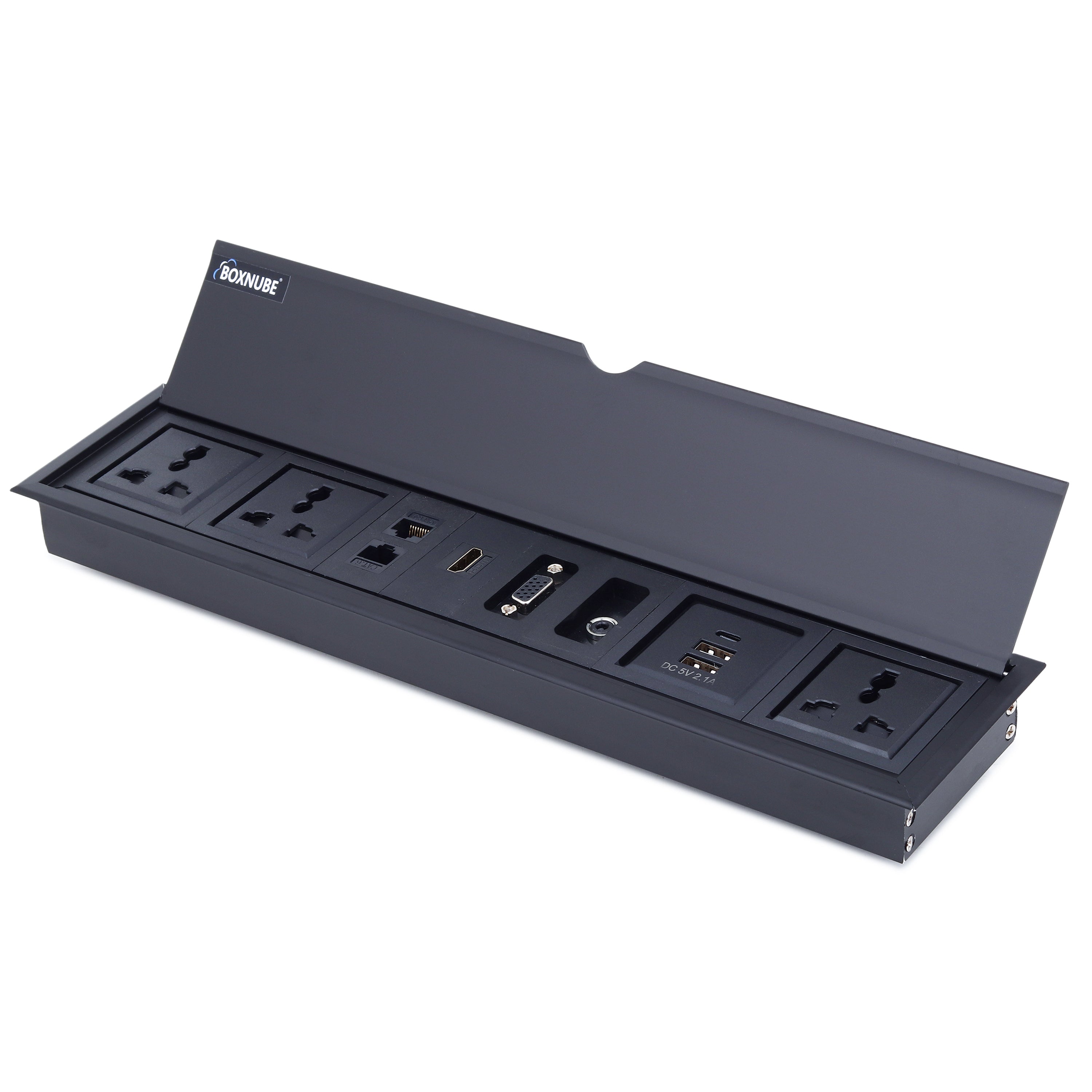 BOXNUBE Fliptop Box Cable Cubby Extension Board with Universal Power Sockets, LAN, HDMI, VGA, Aux, USB-A & USB-C Type C Ports