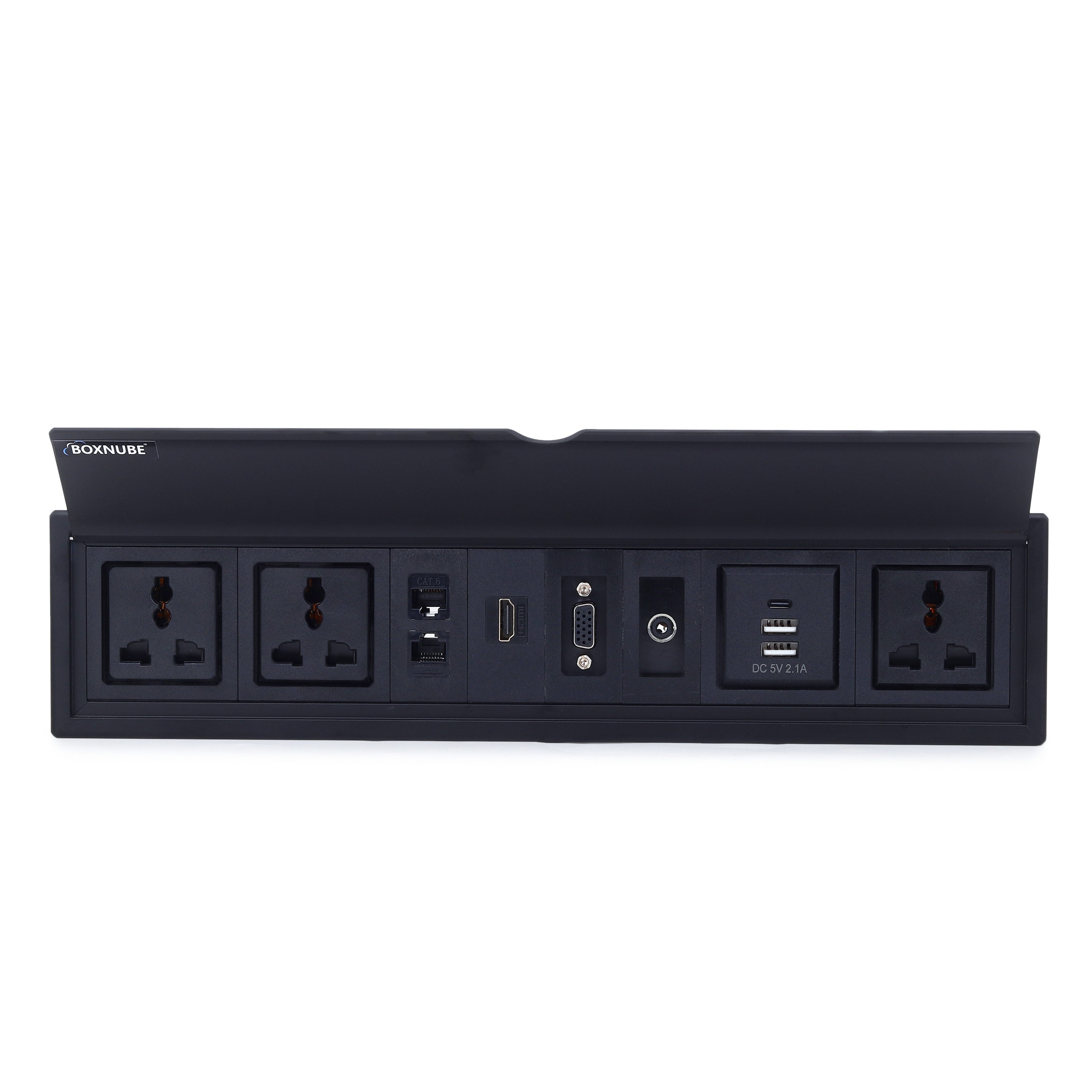 BOXNUBE Fliptop Box Cable Cubby Extension Board with Universal Power Sockets, LAN, HDMI, VGA, Aux, USB-A & USB-C Type C Ports