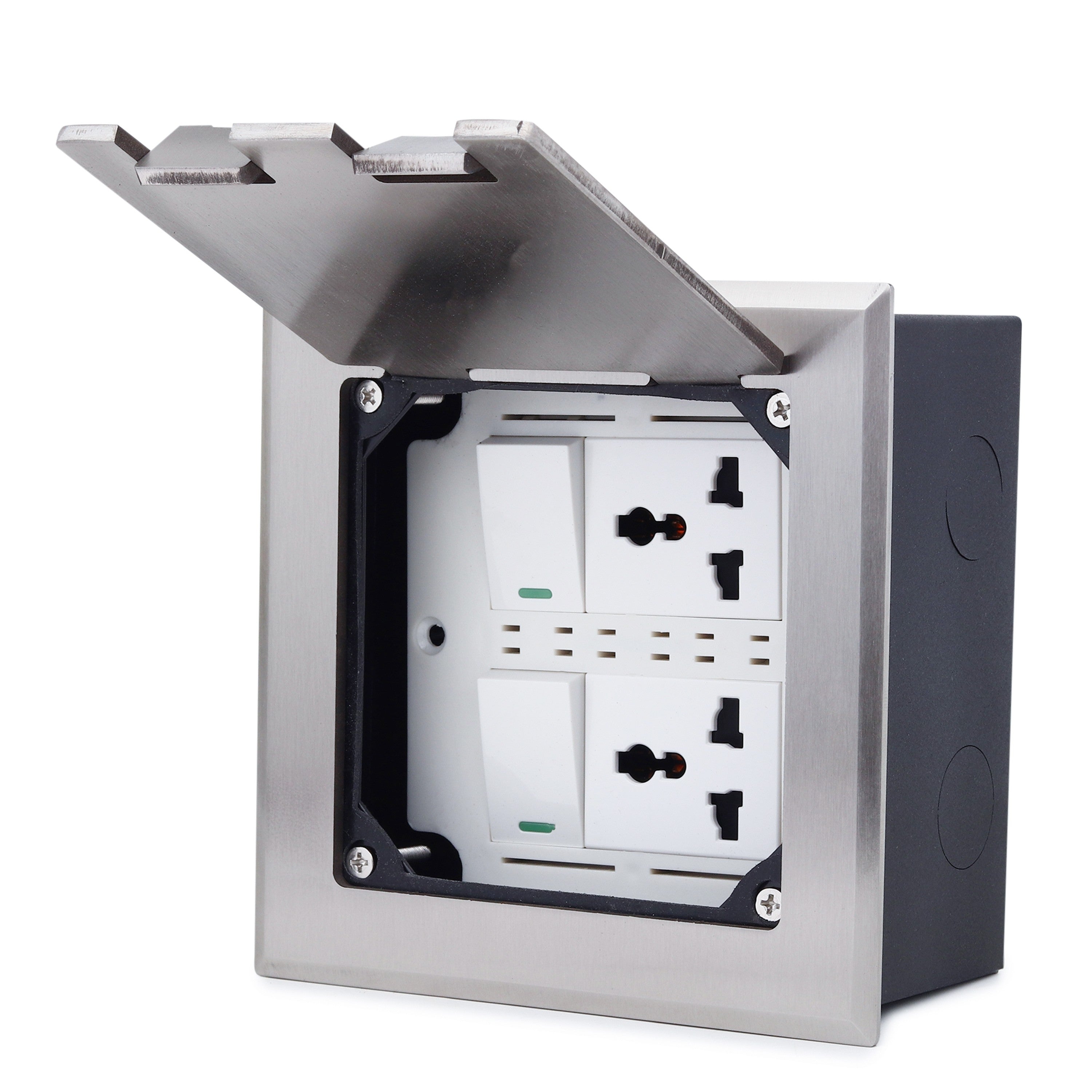 BOXNUBE Floor Cable Cubby - 2 Universal Power Sockets with 2 Switches, Flush Mount Floor Outlet Box, Heavy Duty Metal Frame with Manual Flip Cover for Offices