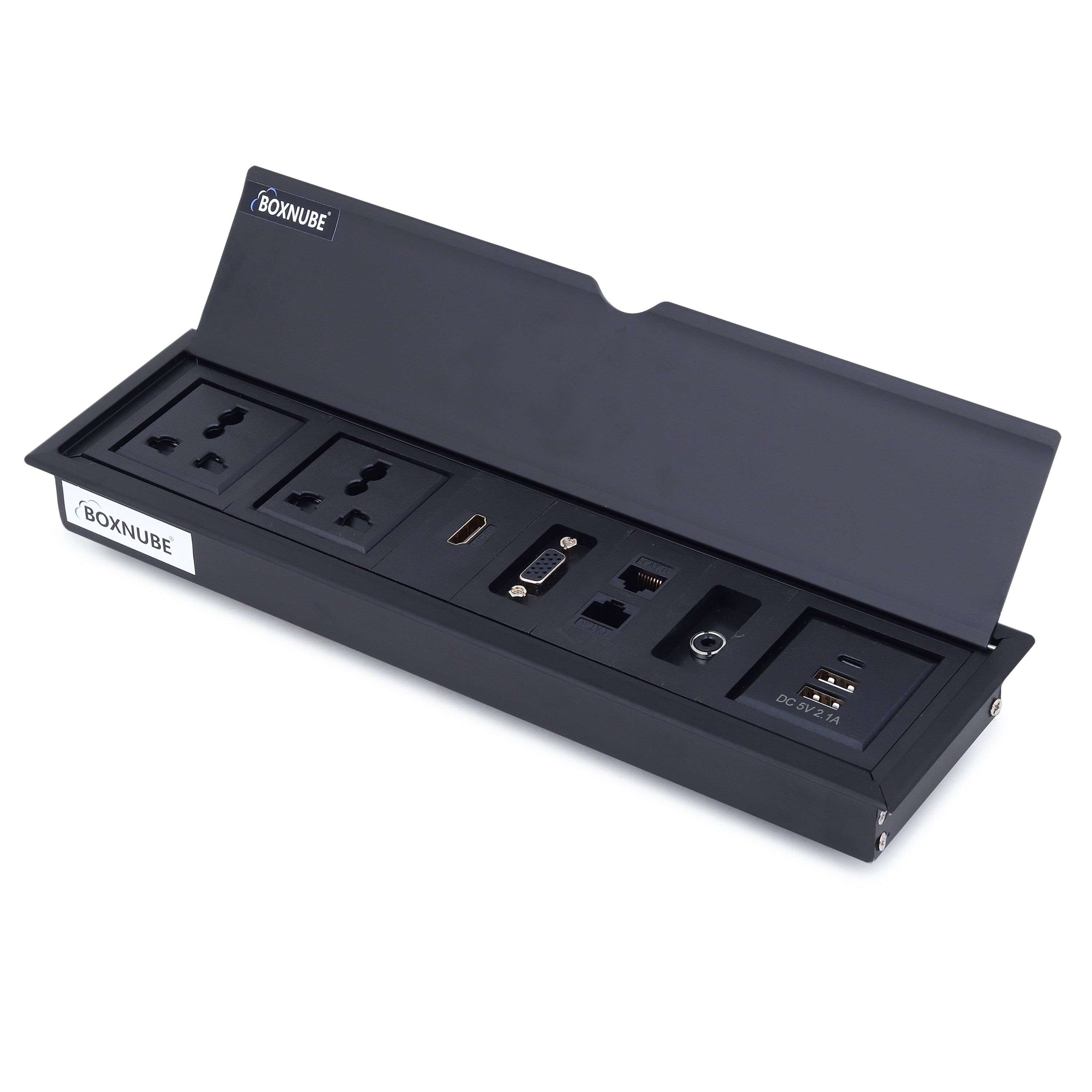 BOXNUBE Flip Top Cable Cubby with HDMI, VGA, AUX, USB-C & USB-A Charging, 2 LAN and 2 Universal 6A Power Sockets, Aluminium Conference Table Power Box