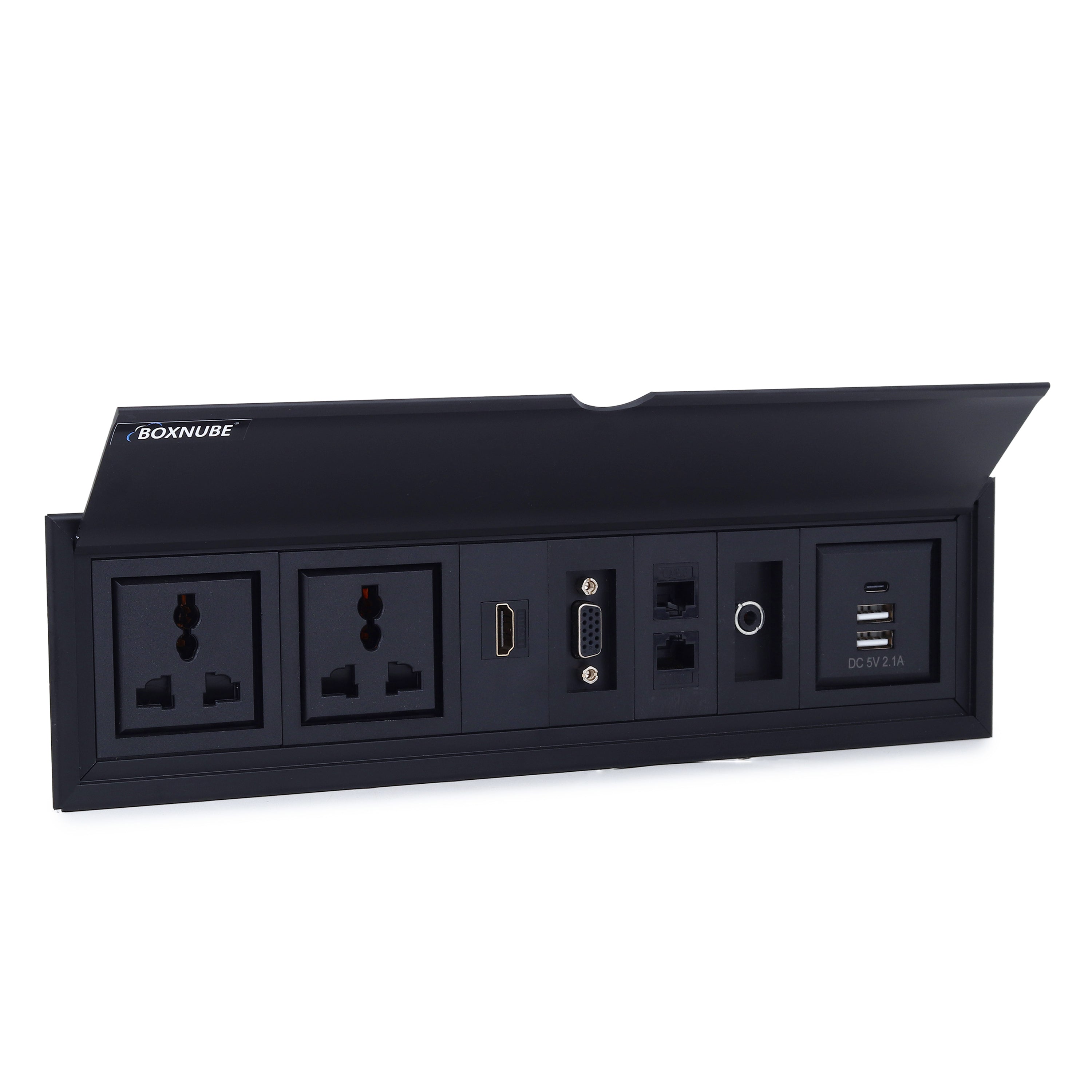 BOXNUBE Flip Top Cable Cubby with HDMI, VGA, AUX, USB-C & USB-A Charging, 2 LAN and 2 Universal 6A Power Sockets, Aluminium Conference Table Power Box