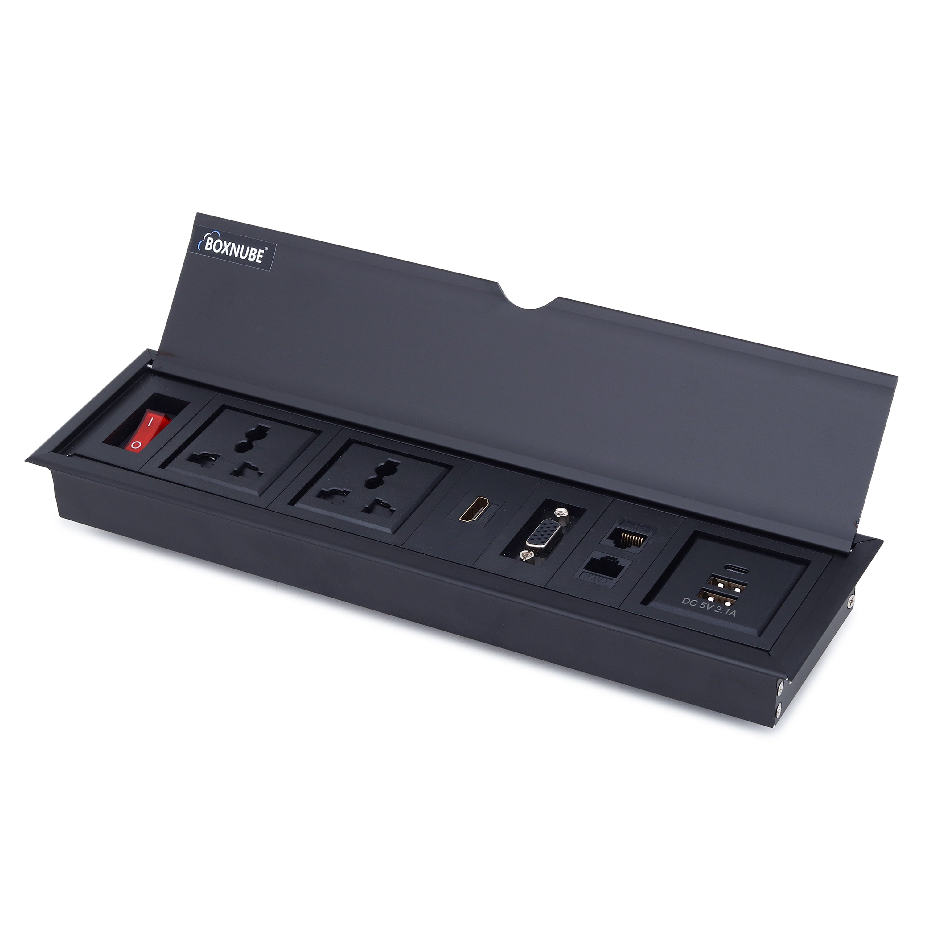 BOXNUBE Flip Top Table Mount Power & Data Cable Cubby with HDMI, VGA, Dual LAN, USB-A, USB-C Charging, 2 Universal 6A Sockets | Aluminium Body