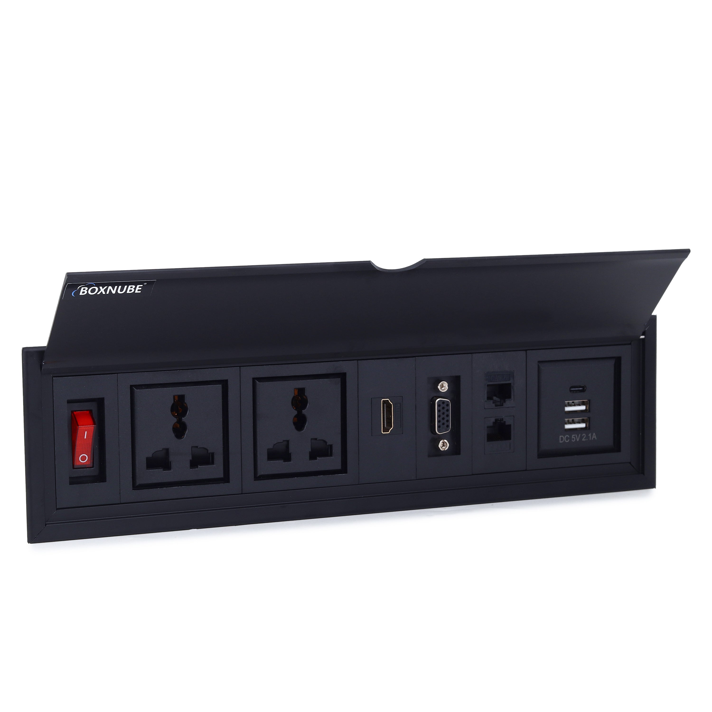 BOXNUBE Flip Top Table Mount Power & Data Cable Cubby with HDMI, VGA, Dual LAN, USB-A, USB-C Charging, 2 Universal 6A Sockets | Aluminium Body