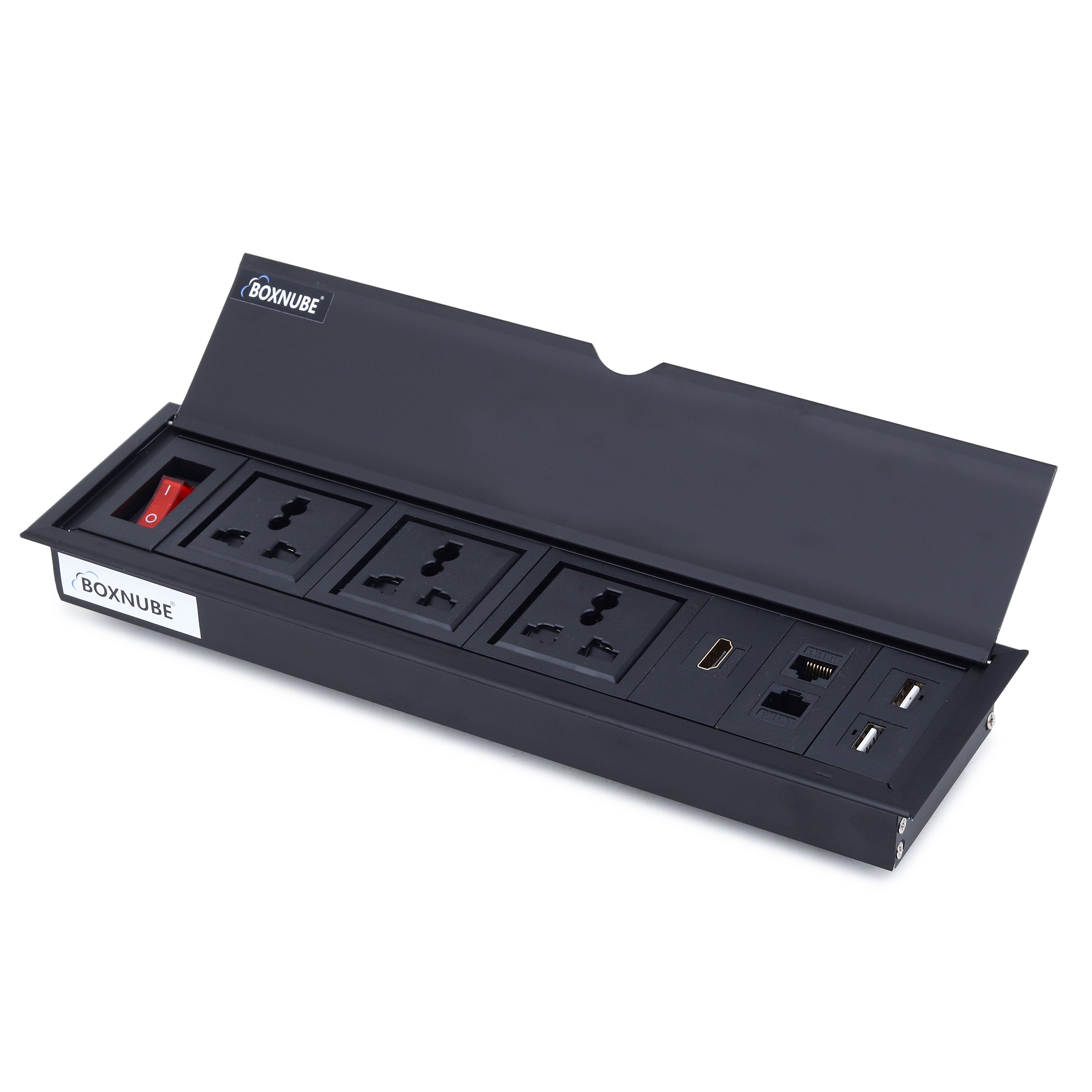 BOXNUBE Flip Top Table Mount Cable Cubby with 3 Universal 6A Power Sockets, 2 USB-A Ports, HDMI & 2 LAN, Aluminium Conference Table Power Box