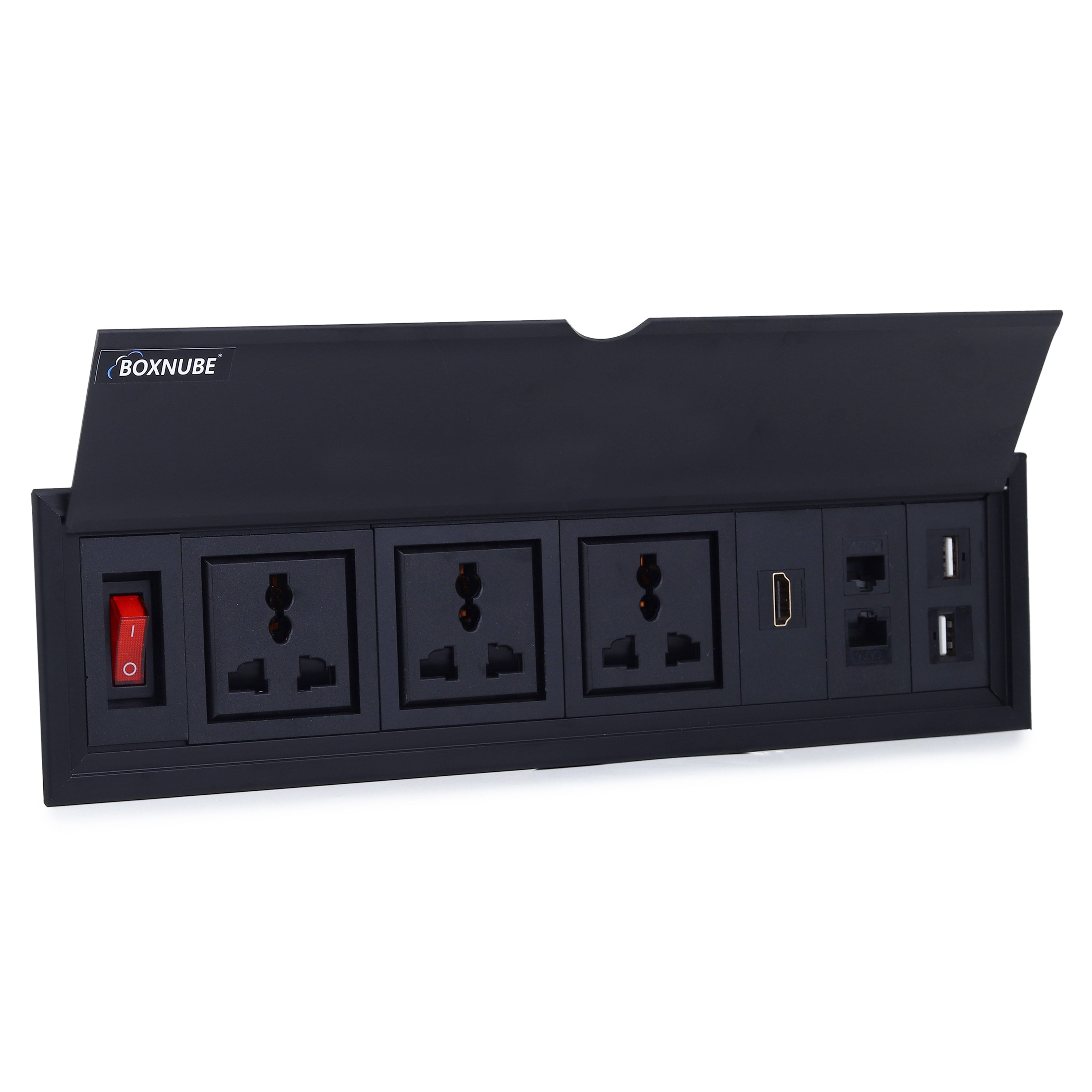 BOXNUBE Flip Top Table Mount Cable Cubby with 3 Universal 6A Power Sockets, 2 USB-A Ports, HDMI & 2 LAN, Aluminium Conference Table Power Box