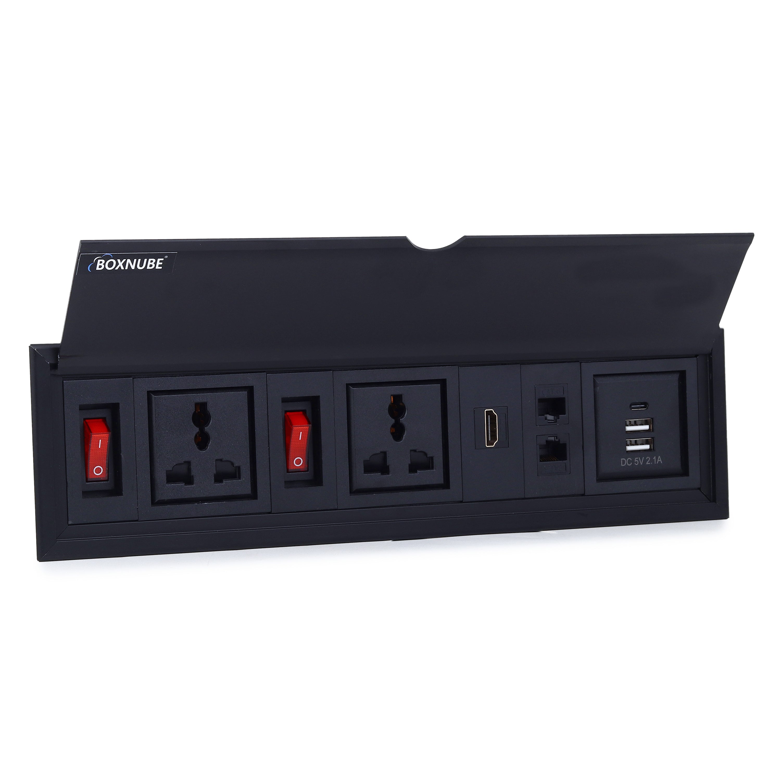 BOXNUBE Flip Top Table Mount Cable Cubby with USB-C and USB-A Charging, HDMI, 2 LAN & 2 Universal 6A Power Sockets