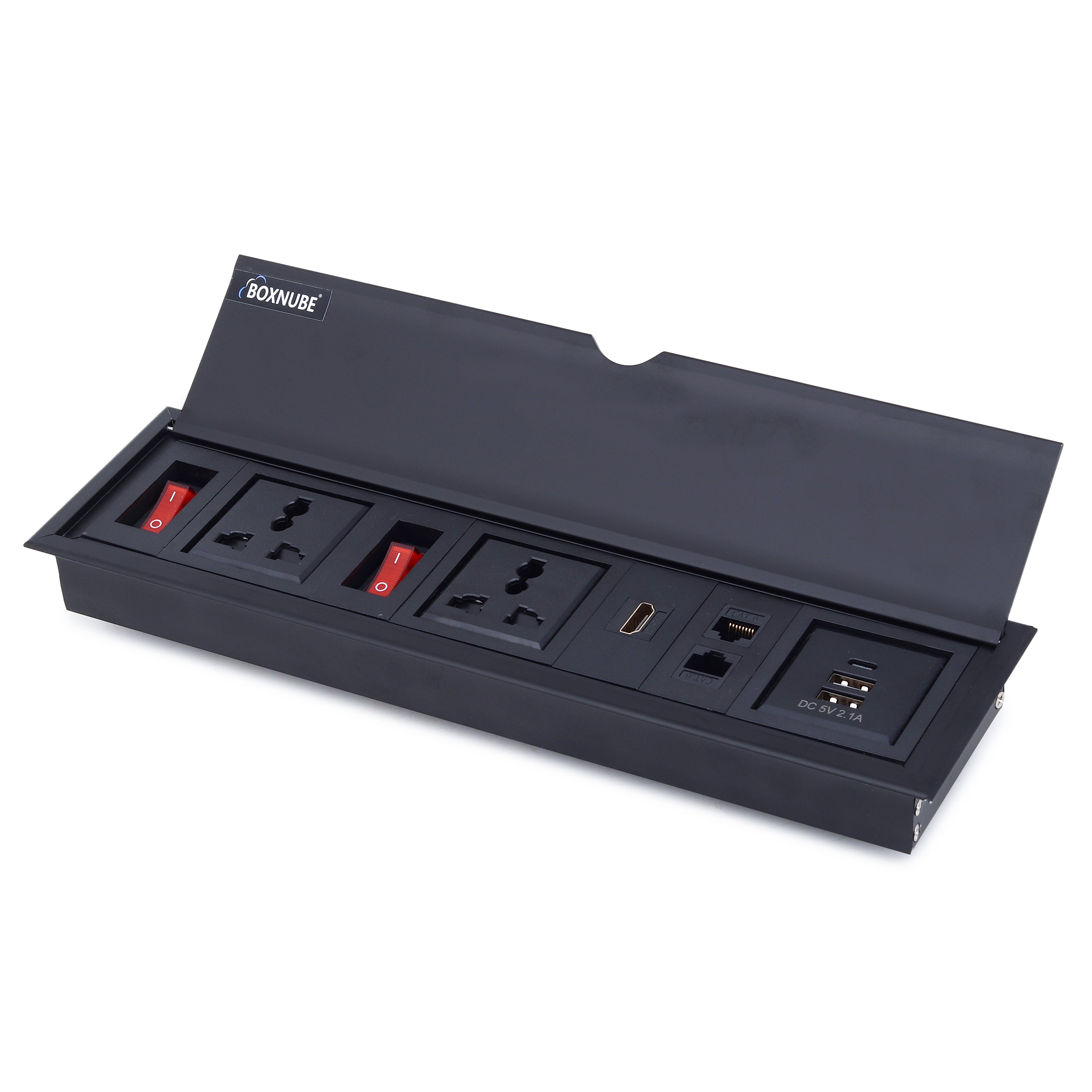BOXNUBE Flip Top Table Mount Cable Cubby with USB-C and USB-A Charging, HDMI, 2 LAN & 2 Universal 6A Power Sockets